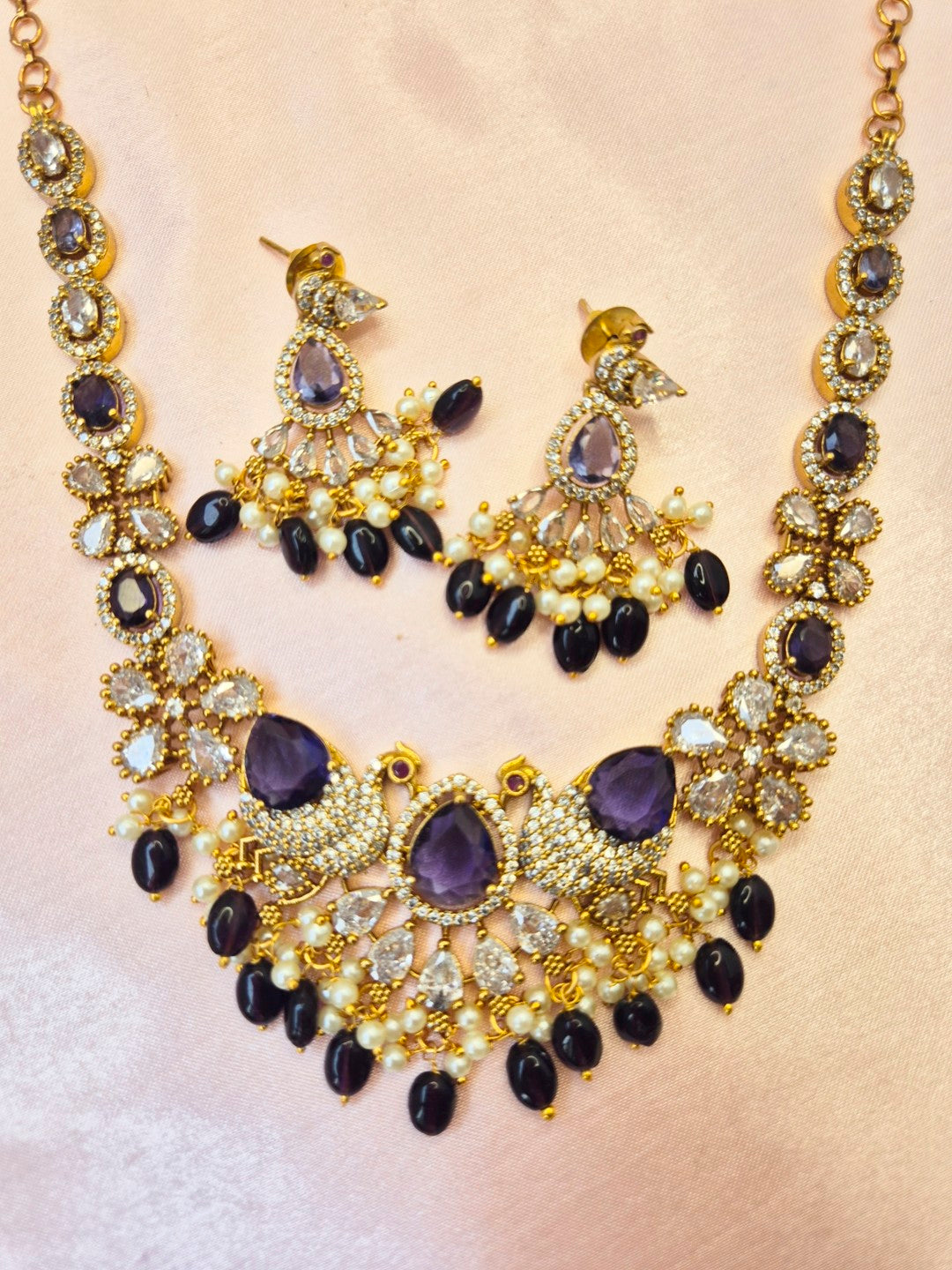 Hamsa  Purple stone Kundan Necklace Set