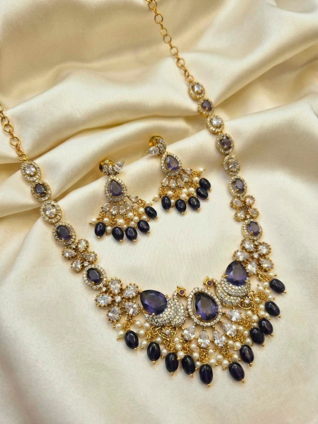 Hamsa  Purple stone Kundan Necklace Set
