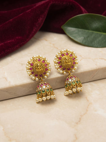 Antique Gold Circular Lakshmi Jhumka Earrings | Temple Jewellery