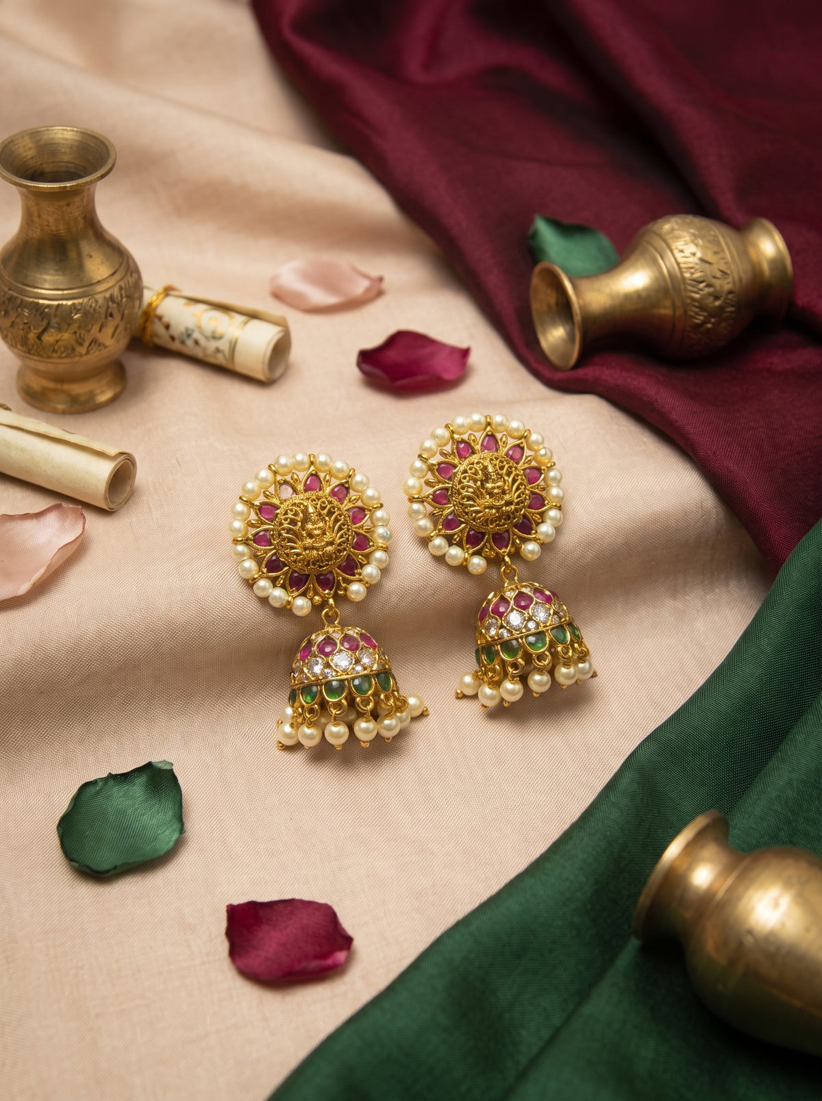 Antique Gold Circular Lakshmi Jhumka Earrings | Temple Jewellery