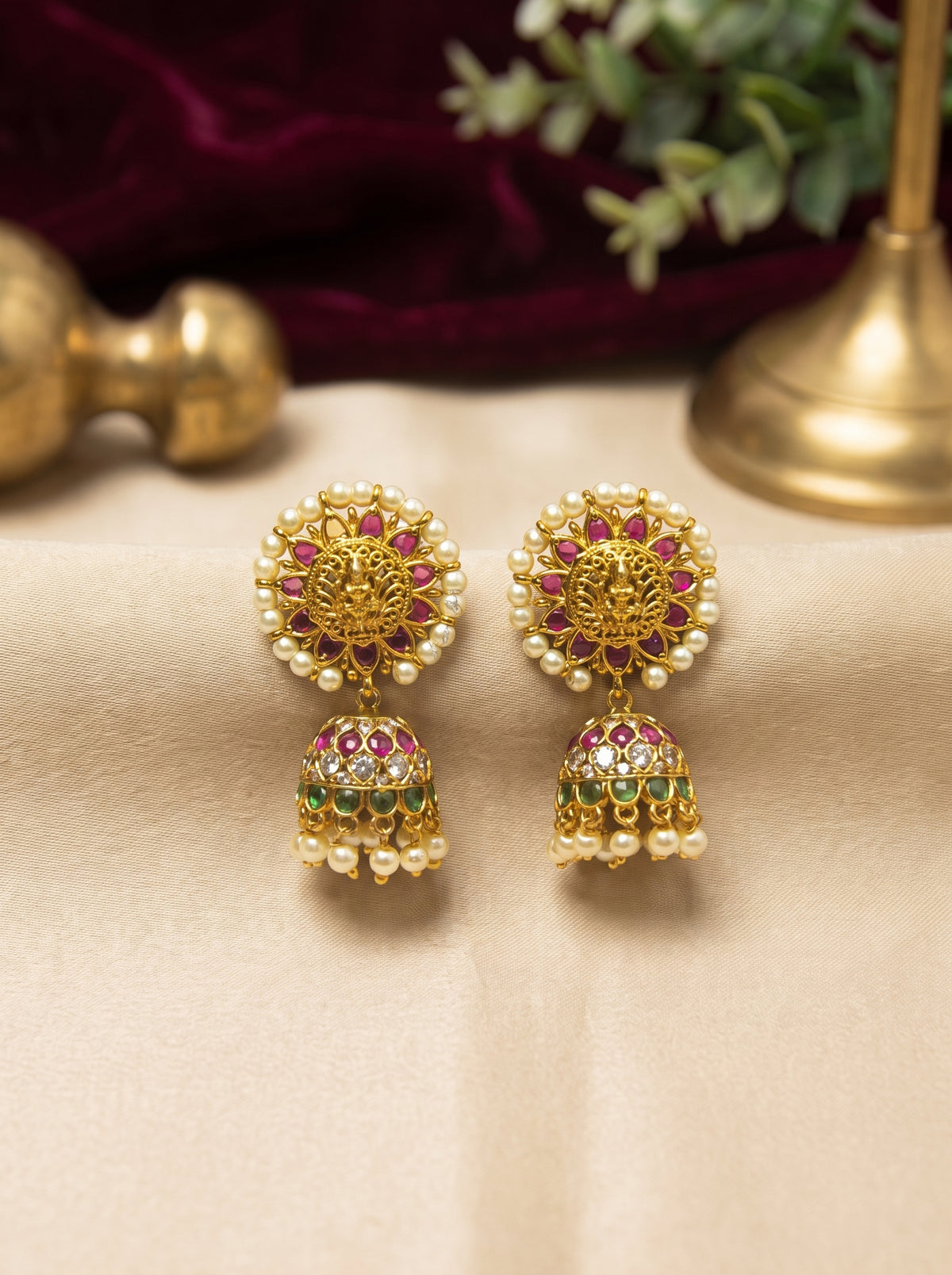 Antique Gold Circular Lakshmi Jhumka Earrings | Temple Jewellery