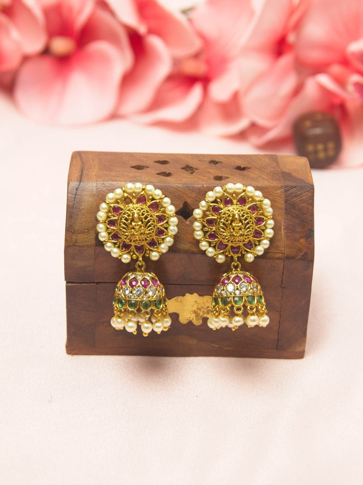 Antique Gold Circular Lakshmi Jhumka Earrings | Temple Jewellery