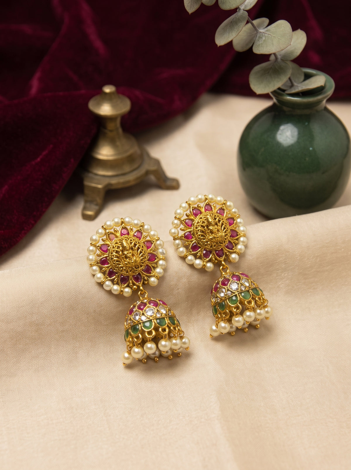 Antique Gold Circular Lakshmi Jhumka Earrings | Temple Jewellery
