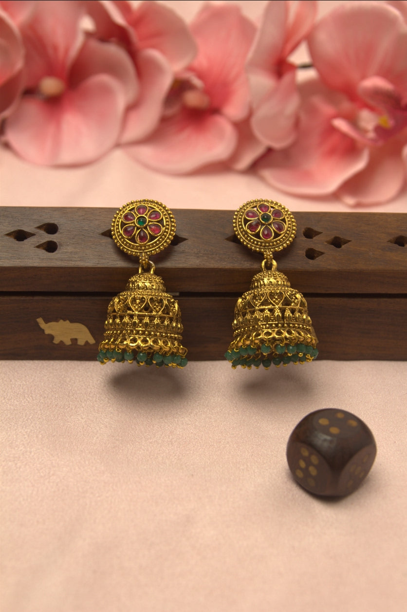 Antique Gold Floral Ruby & Green Stone Jhumka Earrings | Traditional Temple Jewellery
