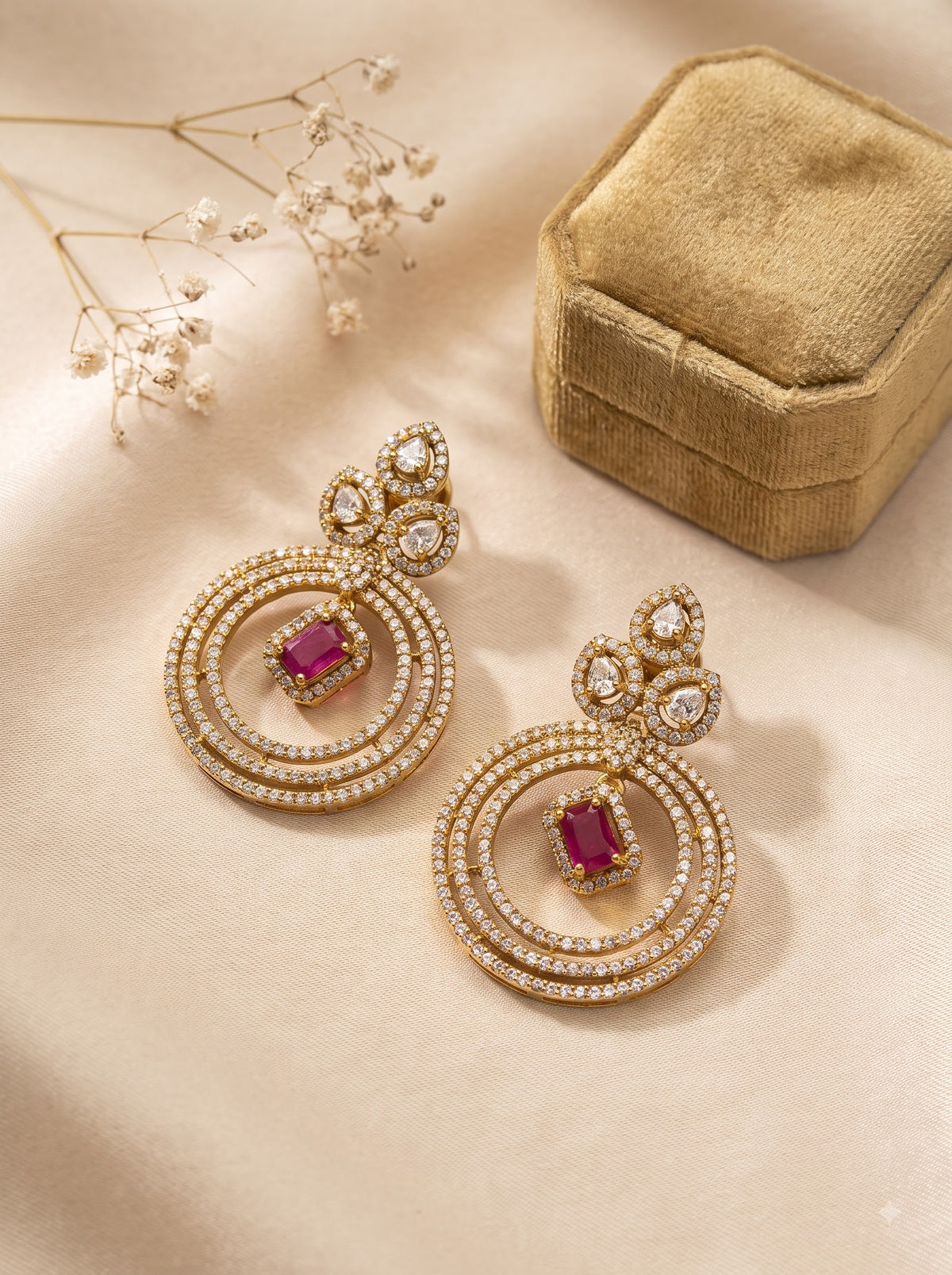 Premium Gold-Tone CZ Circular Ruby Earrings | Statement Drop Earrings