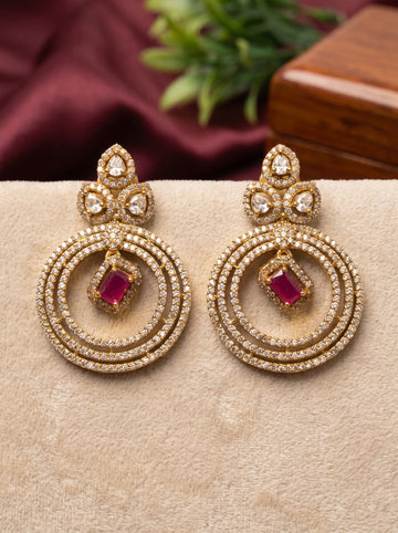 Premium Gold-Tone CZ Circular Ruby Earrings | Statement Drop Earrings