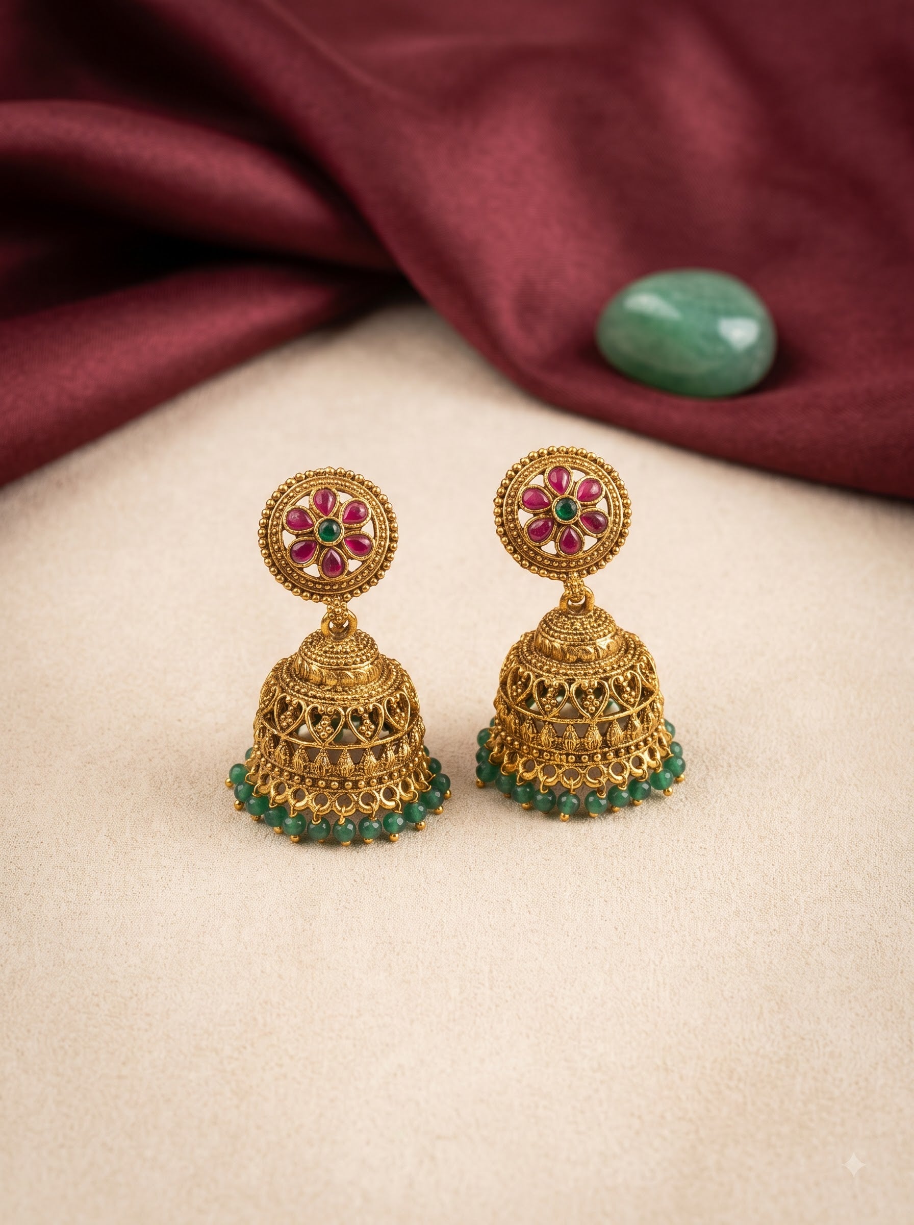Antique Gold Floral Ruby & Green Stone Jhumka Earrings | Traditional Temple Jewellery