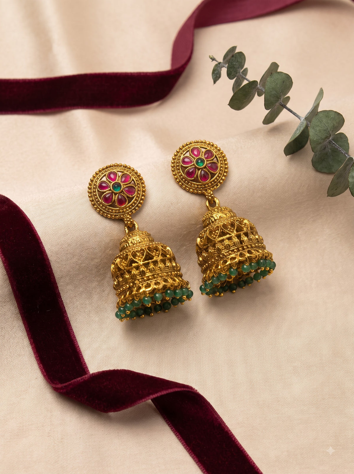 Antique Gold Floral Ruby & Green Stone Jhumka Earrings | Traditional Temple Jewellery