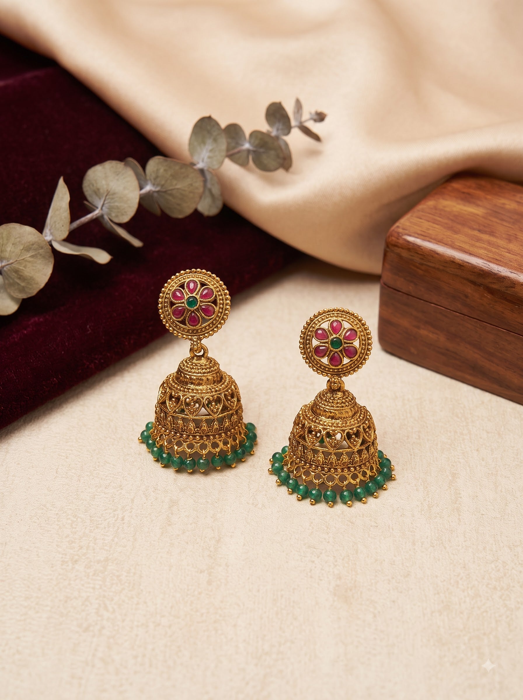Antique Gold Floral Ruby & Green Stone Jhumka Earrings | Traditional Temple Jewellery