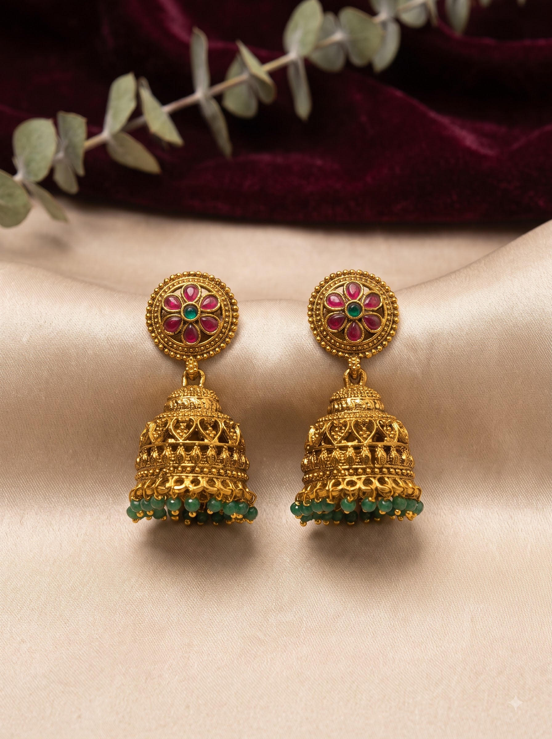 Antique Gold Floral Ruby & Green Stone Jhumka Earrings | Traditional Temple Jewellery