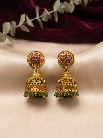 Antique Gold Floral Ruby & Green Stone Jhumka Earrings | Traditional Temple Jewellery