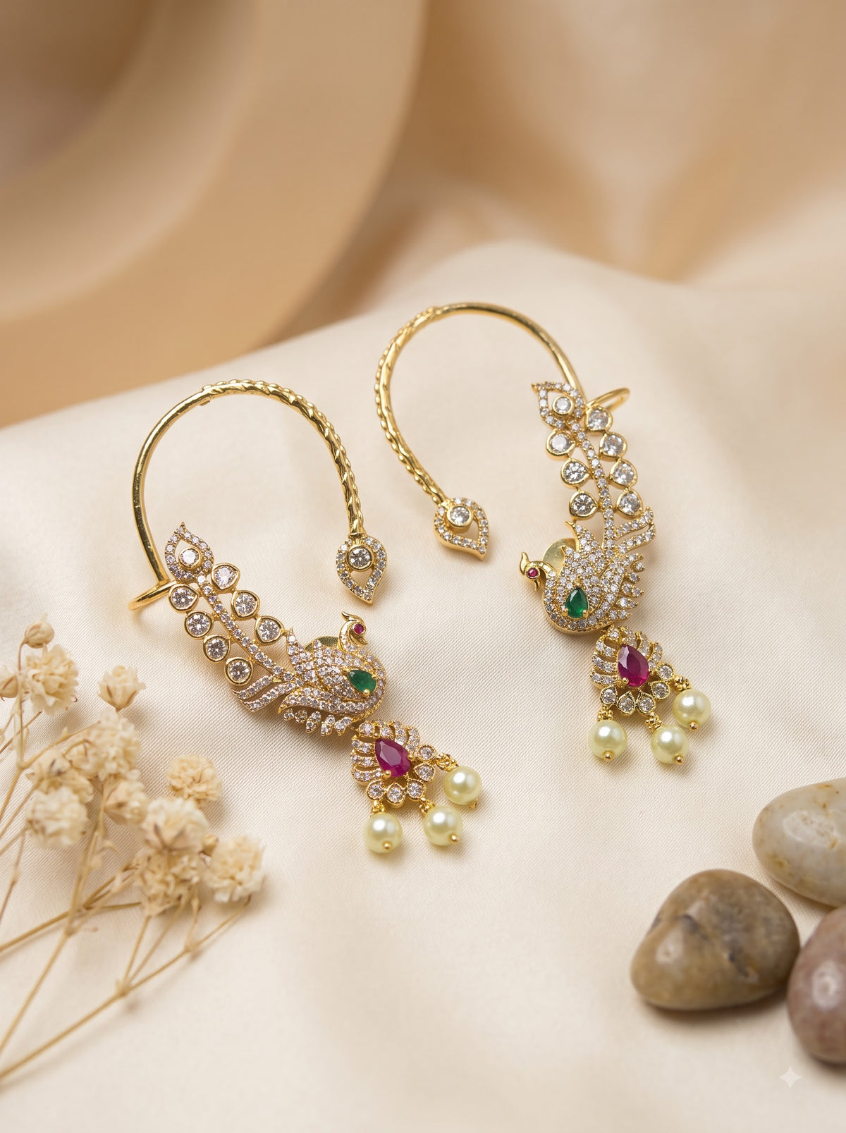 Gold-Tone CZ Peacock Ear Cuff Earrings | Statement Jewellery