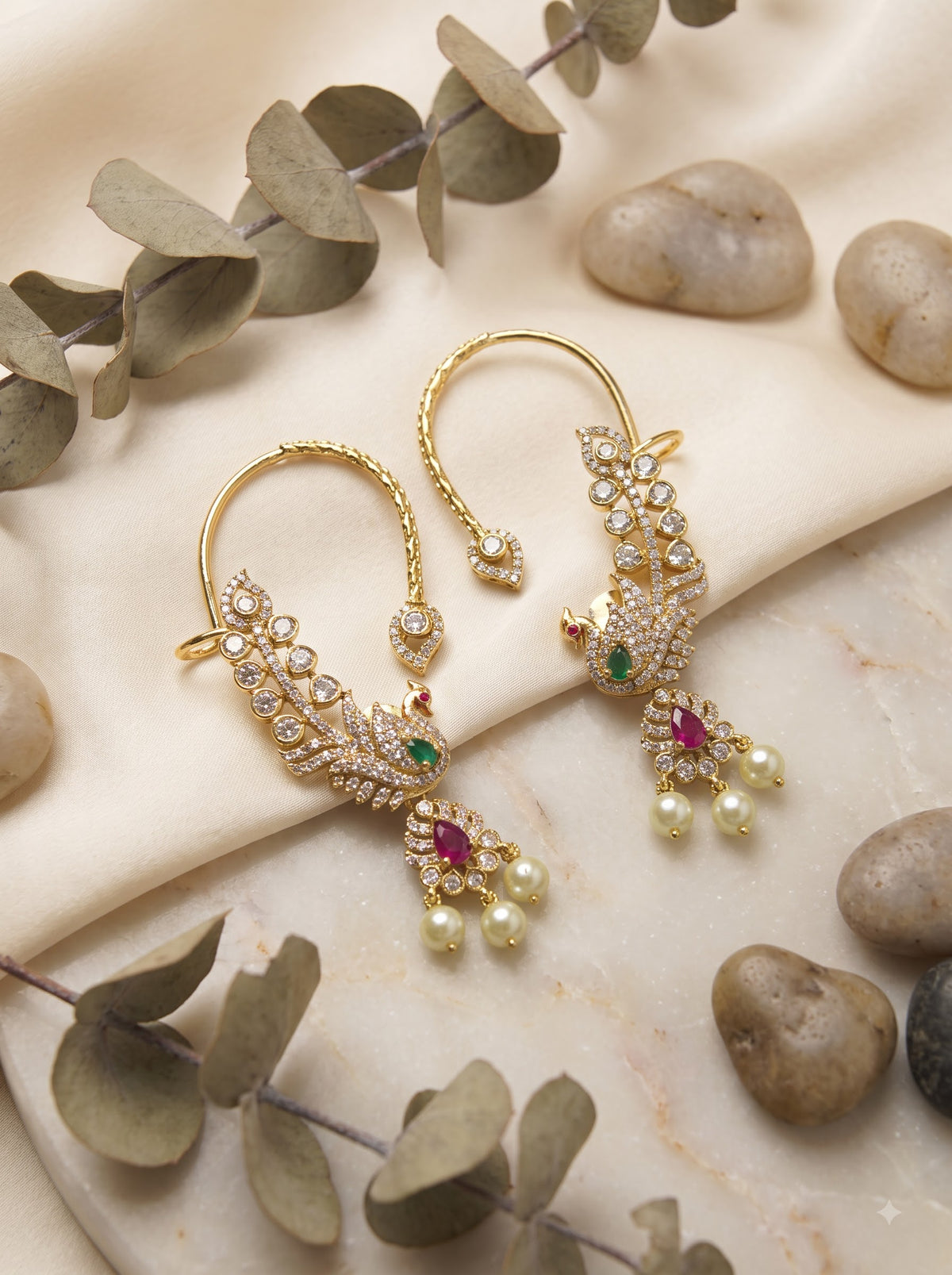 Gold-Tone CZ Peacock Ear Cuff Earrings | Statement Jewellery