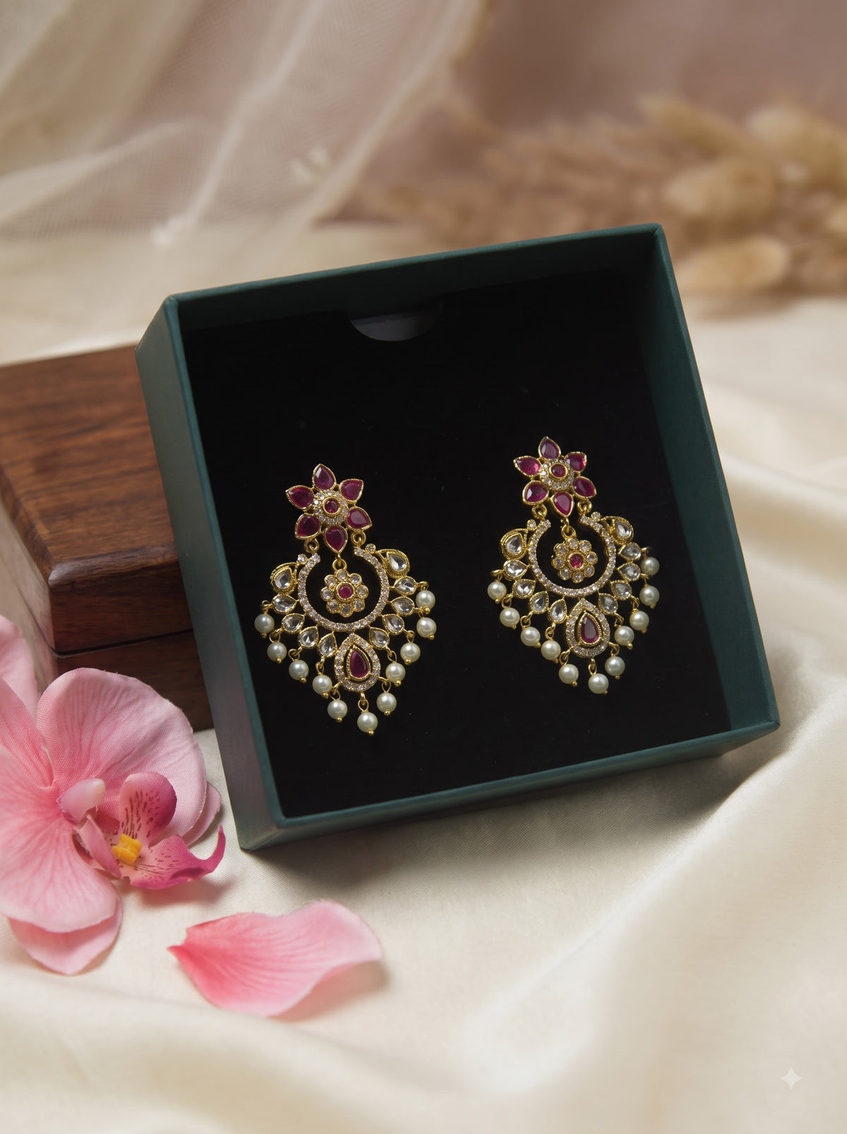 Ruby & CZ Floral Half-Moon Earrings with Pearl Drops