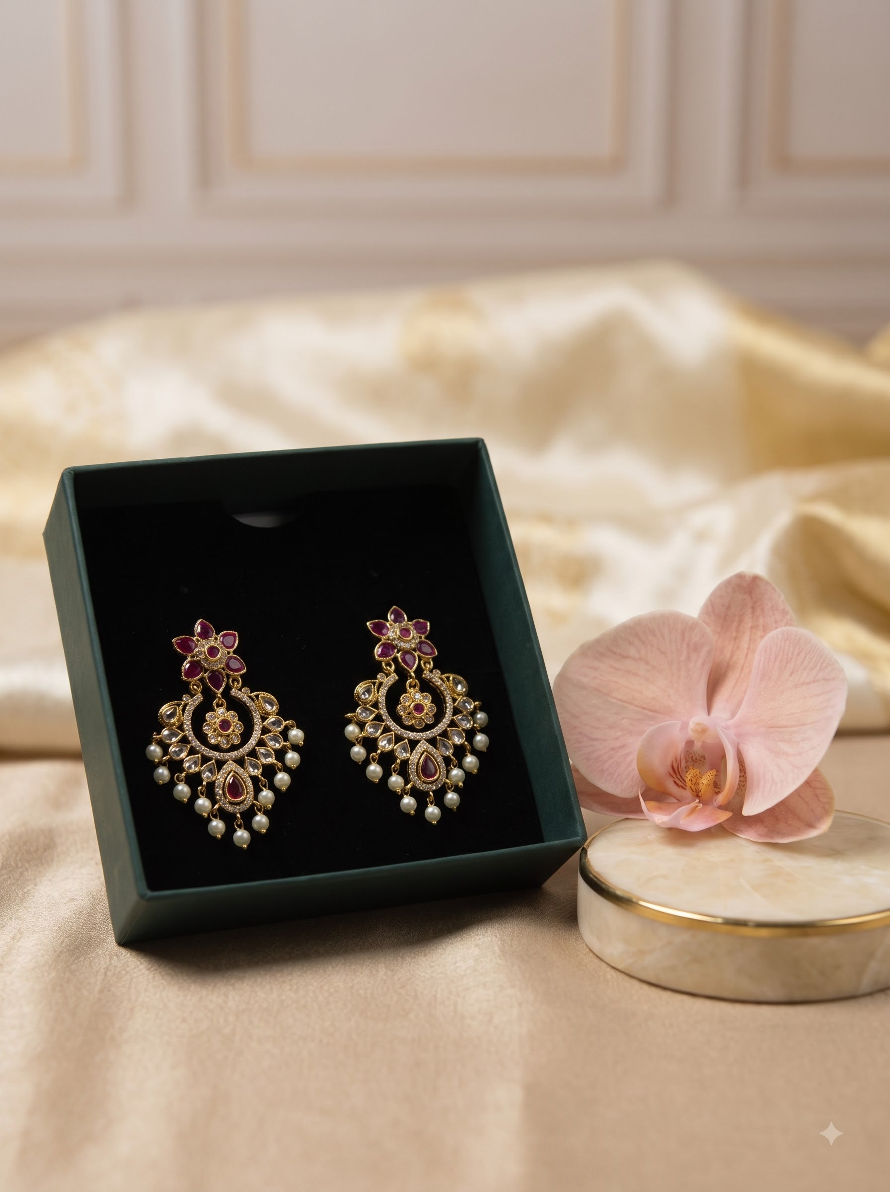 Ruby & CZ Floral Half-Moon Earrings with Pearl Drops