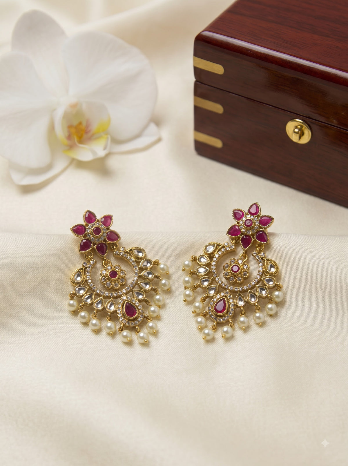 Ruby & CZ Floral Half-Moon Earrings with Pearl Drops