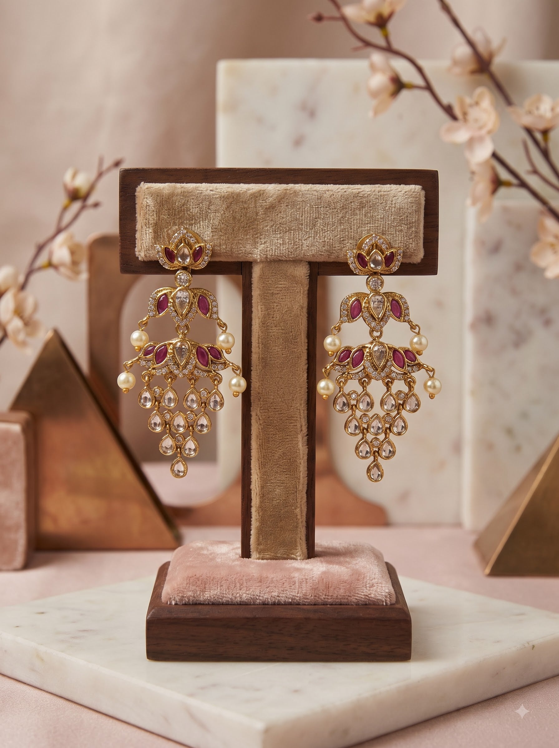 Elegant Grape-Shaped Ruby CZ Drop Earrings with Pearl Drops
