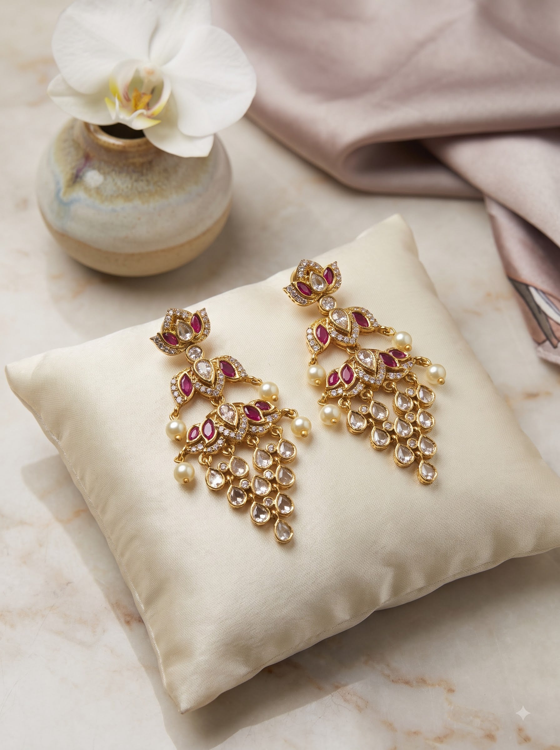 Elegant Grape-Shaped Ruby CZ Drop Earrings with Pearl Drops