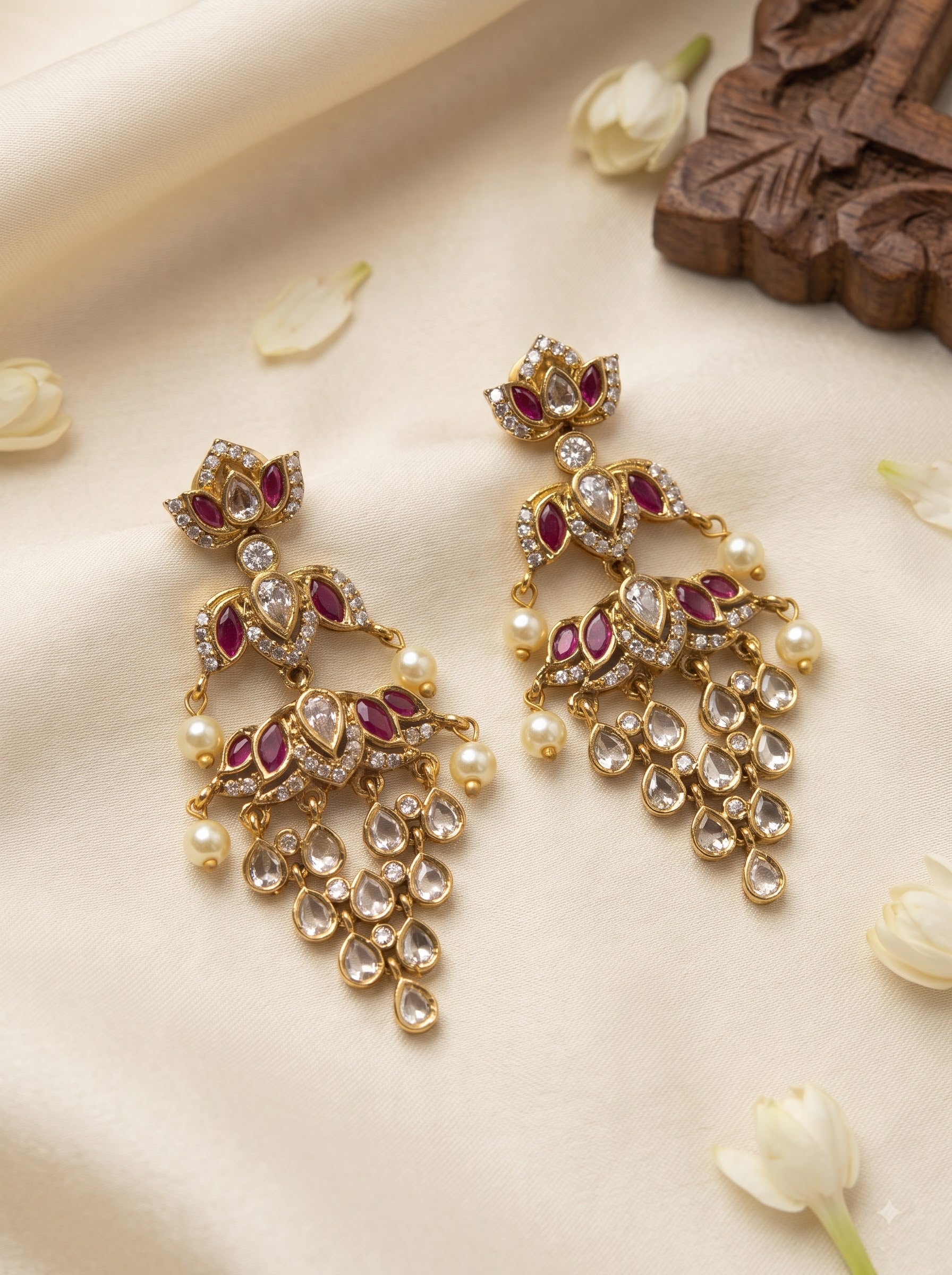 Elegant Grape-Shaped Ruby CZ Drop Earrings with Pearl Drops