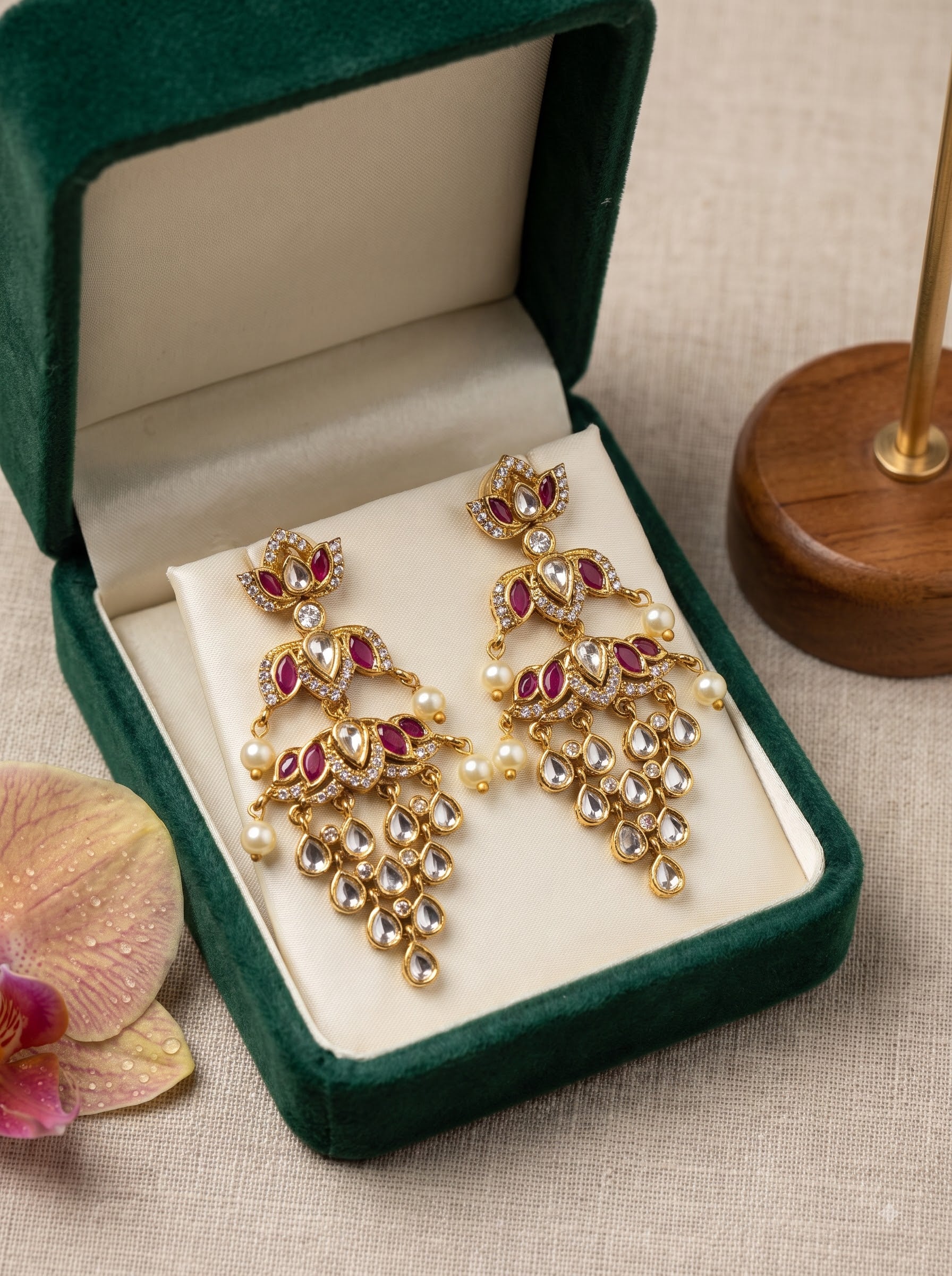 Elegant Grape-Shaped Ruby CZ Drop Earrings with Pearl Drops