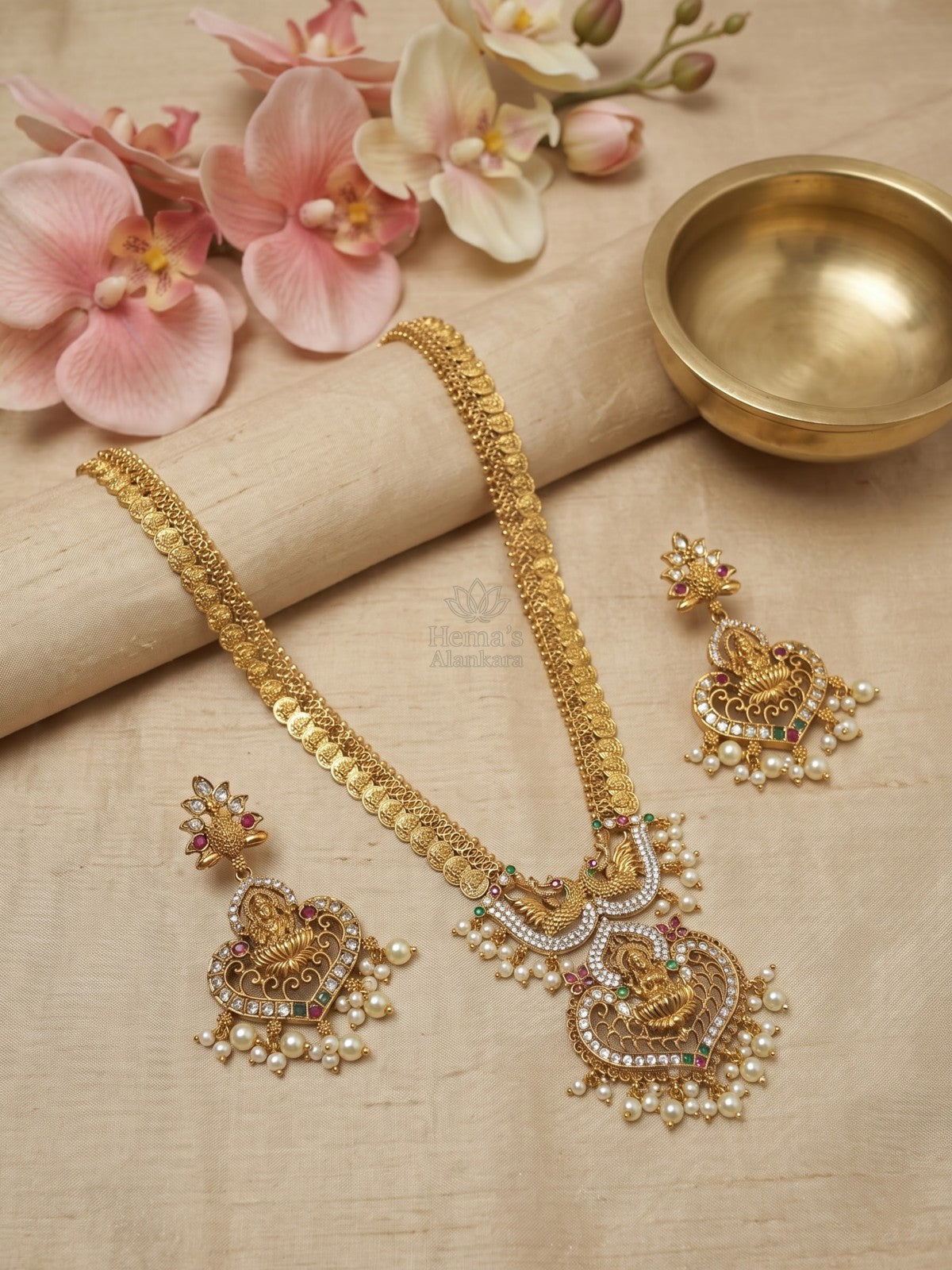 Lakshmi Peacock Temple Haram Set | Antique Gold Bridal Long Necklace with Earrings