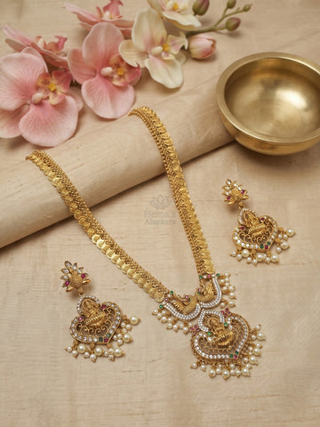Lakshmi Peacock Temple Haram Set | Antique Gold Bridal Long Necklace with Earrings