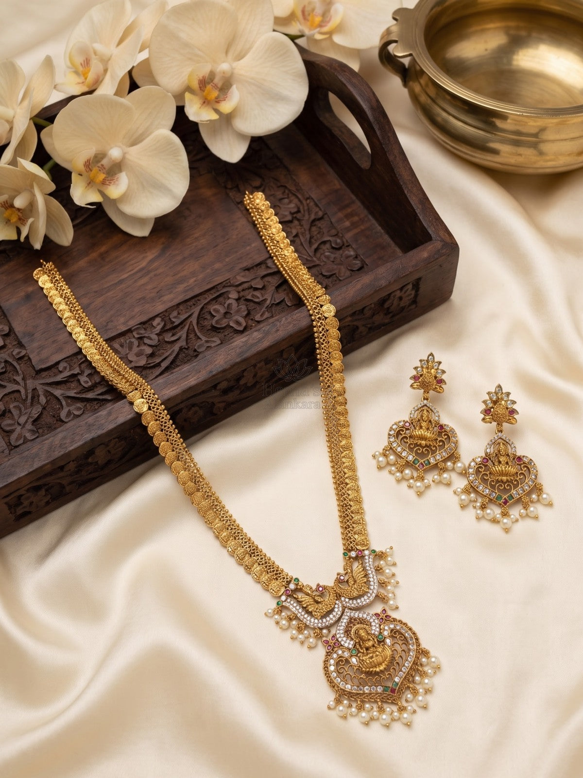 Lakshmi Peacock Temple Haram Set | Antique Gold Bridal Long Necklace with Earrings