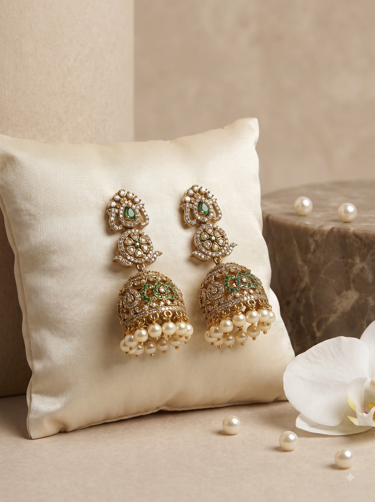 Antique Gold Green Stone CZ Jhumka Earrings with Pearl Drops | Floral Temple Jewellery