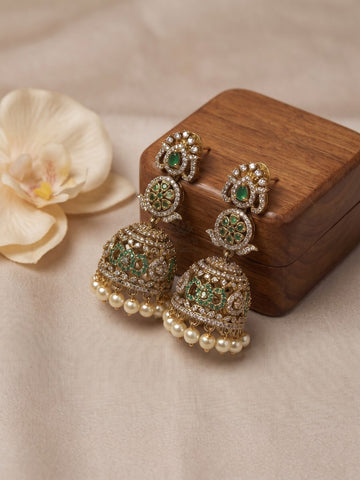 Antique Gold Green Stone CZ Jhumka Earrings with Pearl Drops | Floral Temple Jewellery