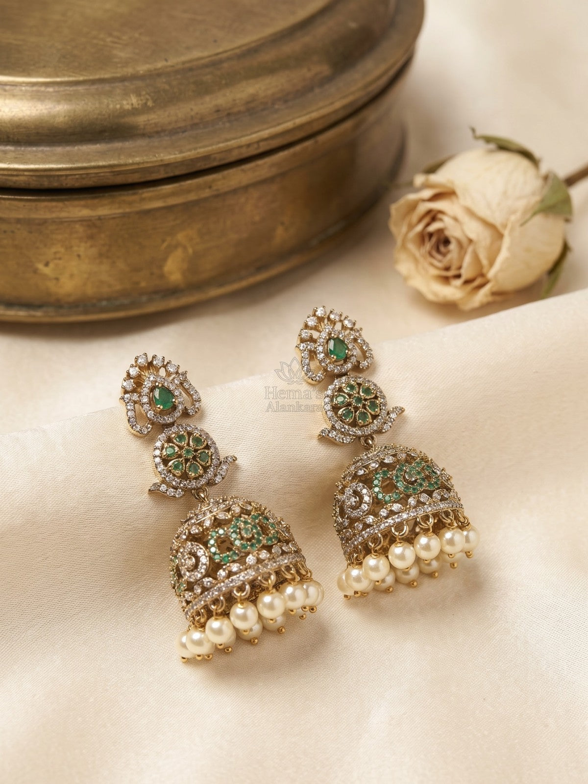 Antique Gold Green Stone CZ Jhumka Earrings with Pearl Drops | Floral Temple Jewellery