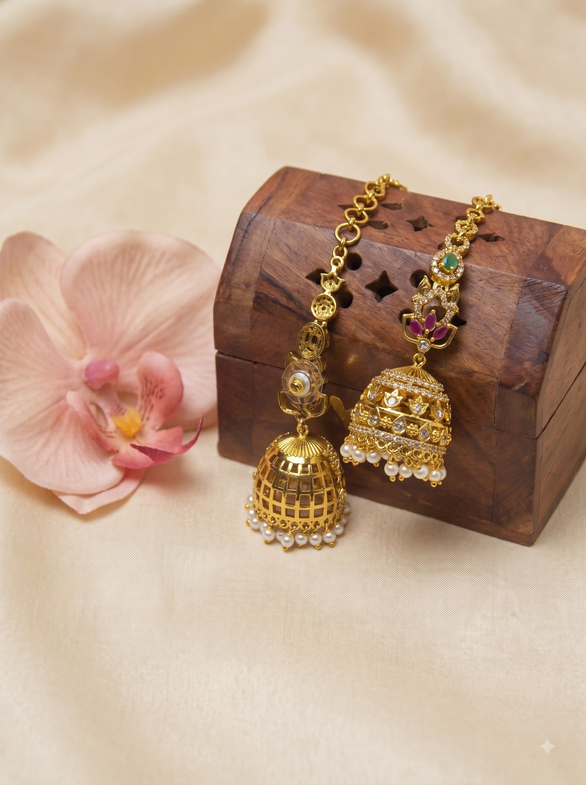 Royal Ruby Emerald Kundan Jhumka Earrings with Chain & Pearl Drops