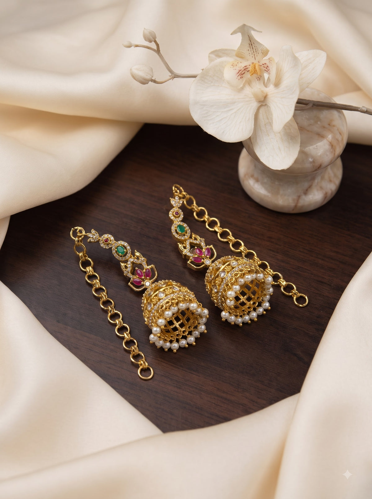 Royal Ruby Emerald Kundan Jhumka Earrings with Chain & Pearl Drops