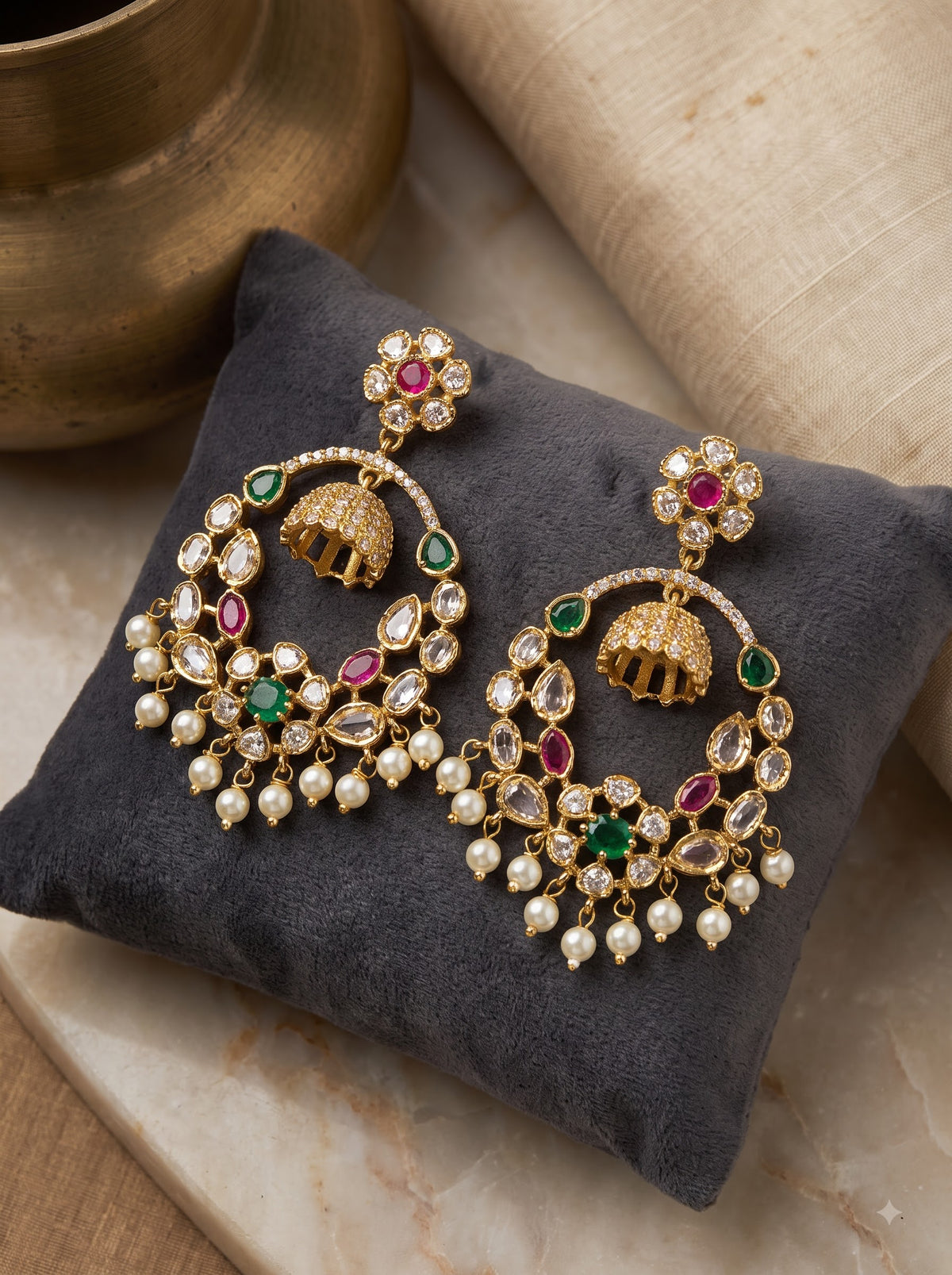 Royal Circular Hoop Jhumka Earrings with Ruby & Green CZ Stones and Pearl Drops