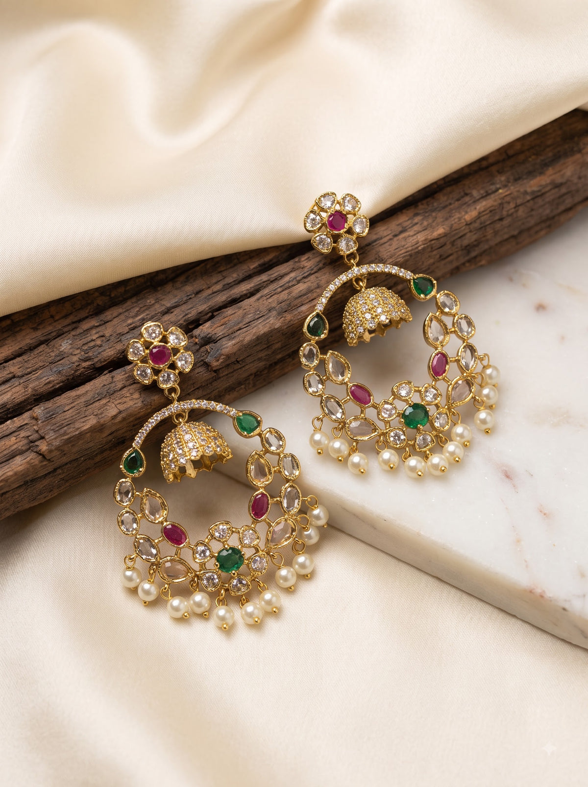 Royal Circular Hoop Jhumka Earrings with Ruby & Green CZ Stones and Pearl Drops