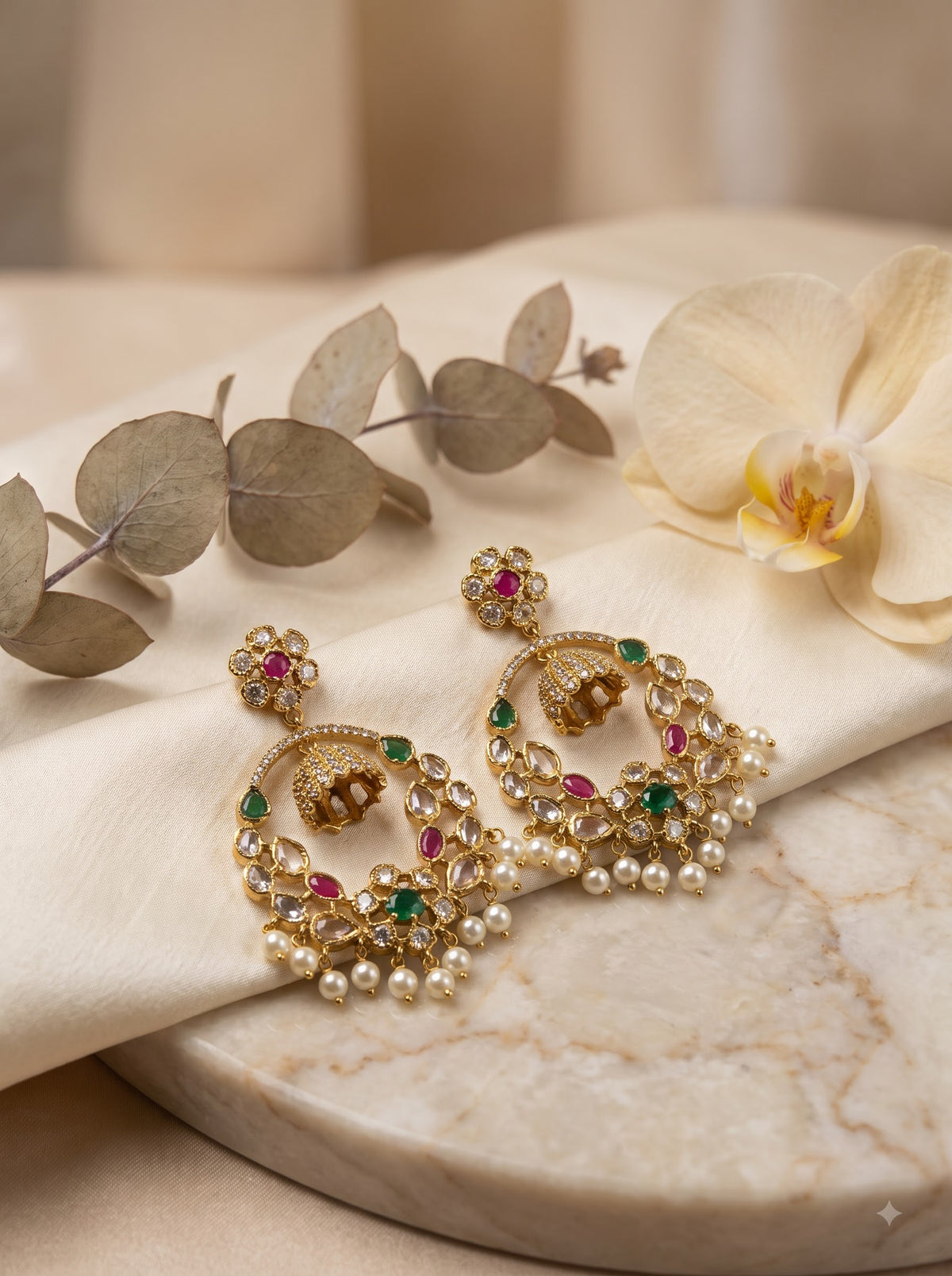 Royal Circular Hoop Jhumka Earrings with Ruby & Green CZ Stones and Pearl Drops