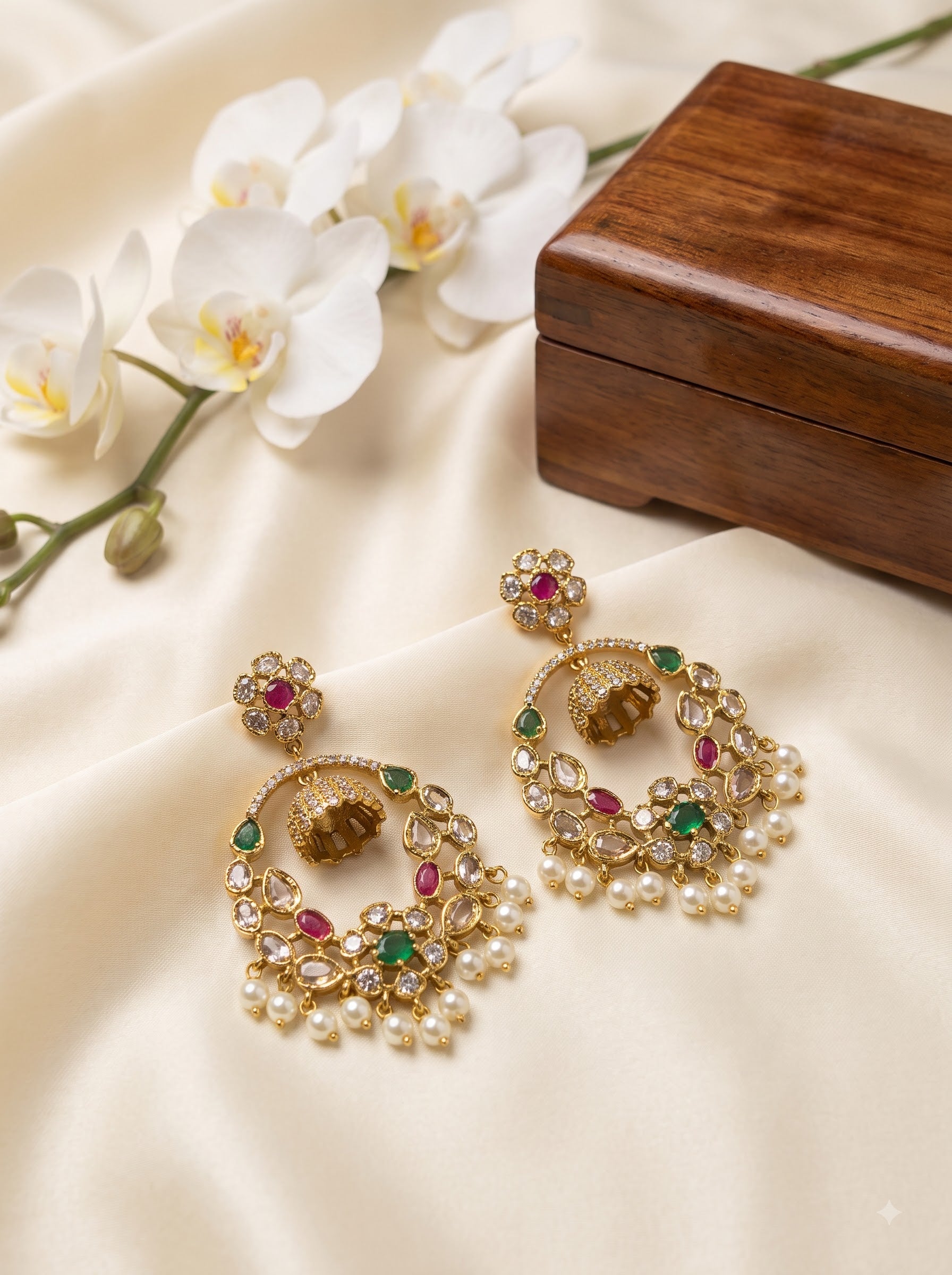Royal Circular Hoop Jhumka Earrings with Ruby & Green CZ Stones and Pearl Drops
