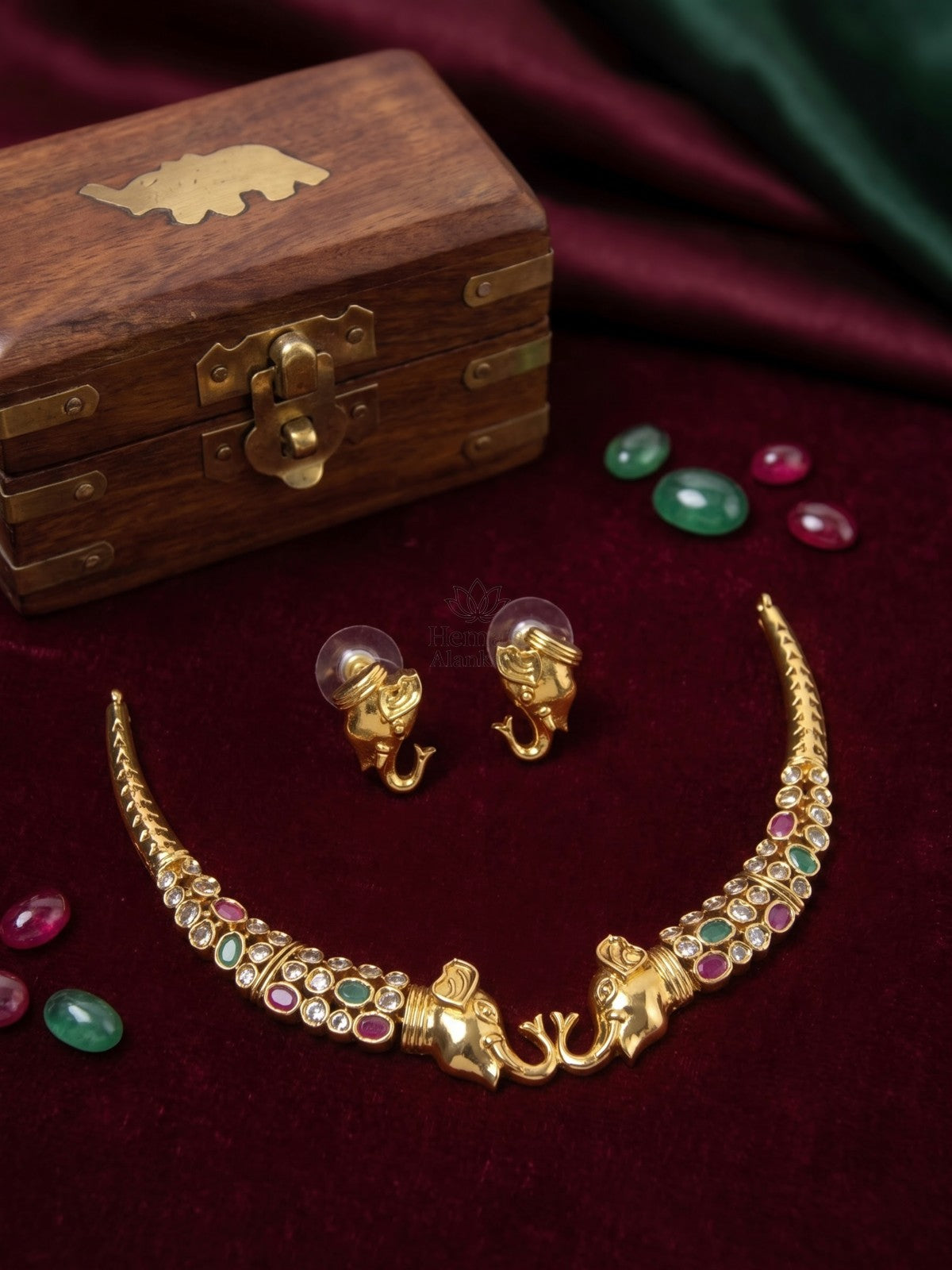 Twin Gaja Ruby Emerald Kemp Necklace Set with Matching Elephant Earrings| Temple Jewellery