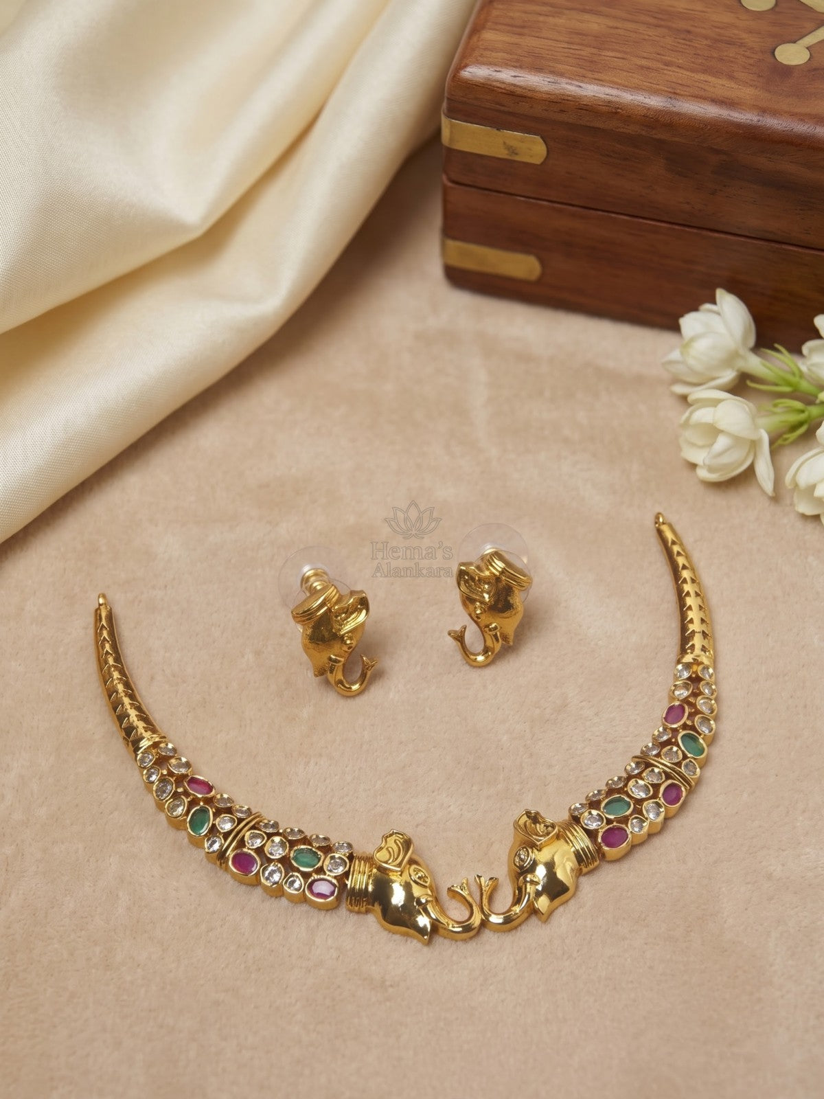 Twin Gaja Ruby Emerald Kemp Necklace Set with Matching Elephant Earrings| Temple Jewellery
