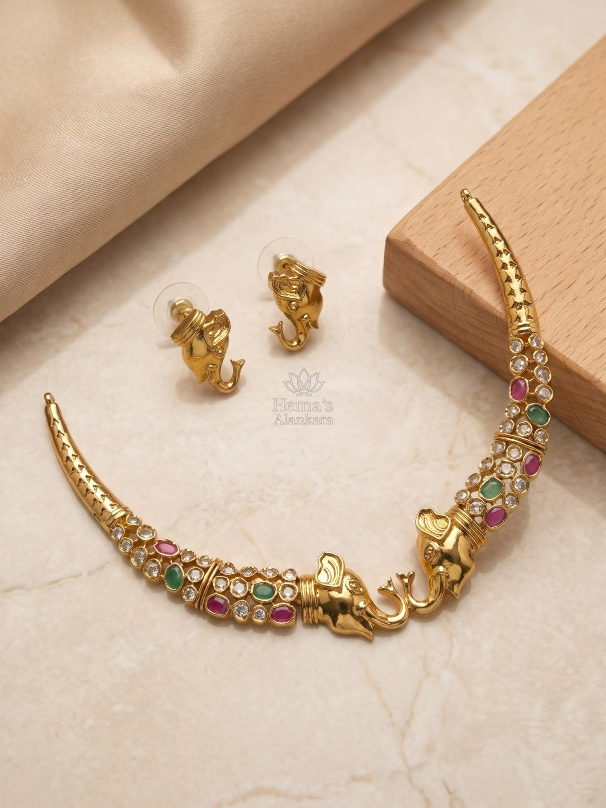 Twin Gaja Ruby Emerald Kemp Necklace Set with Matching Elephant Earrings| Temple Jewellery