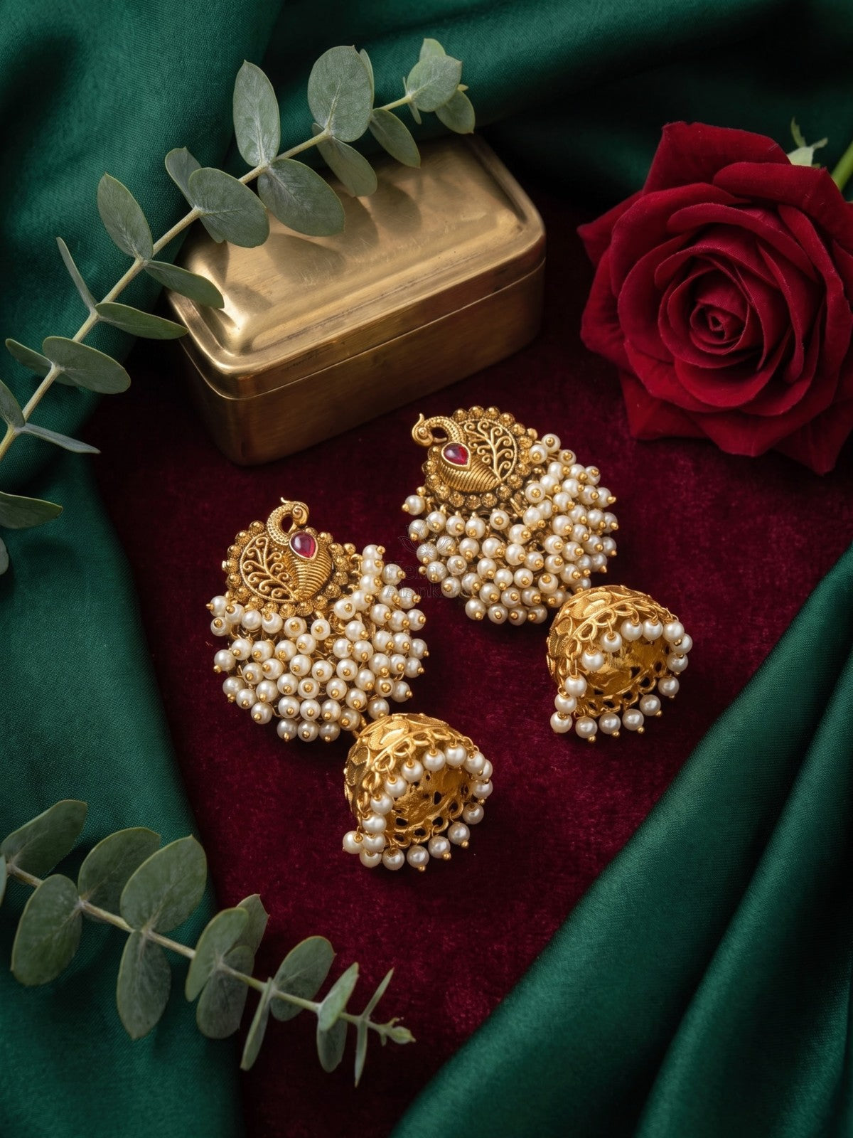 Antique Peacock Clustered Pearl Jhumka Earrings | Traditional Temple Style Earrings
