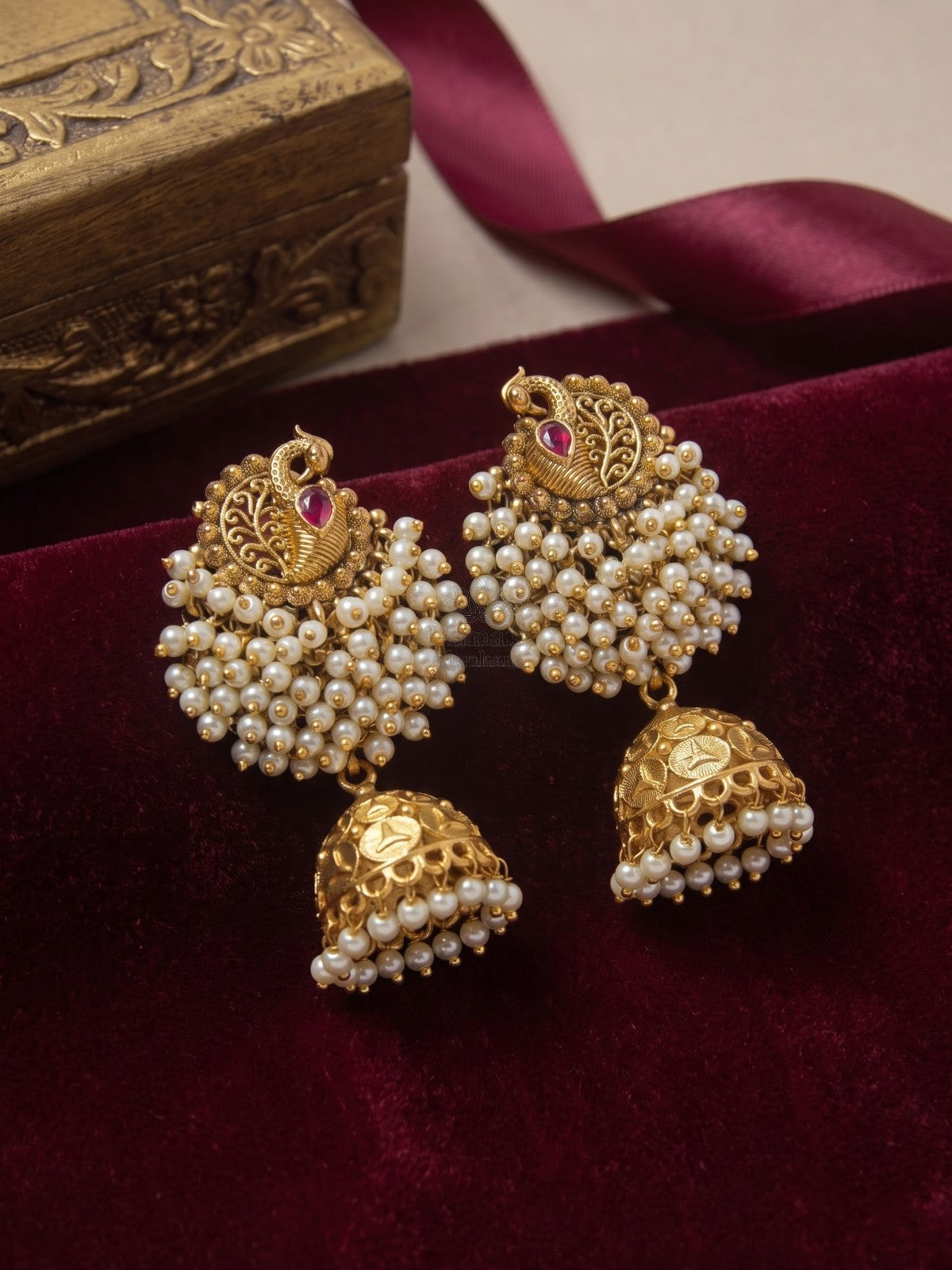 Antique Peacock Clustered Pearl Jhumka Earrings | Traditional Temple Style Earrings