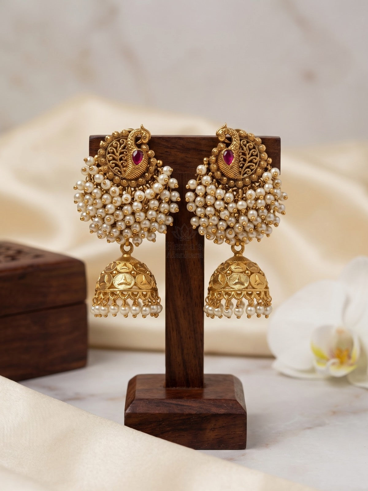 Antique Peacock Clustered Pearl Jhumka Earrings | Traditional Temple Style Earrings