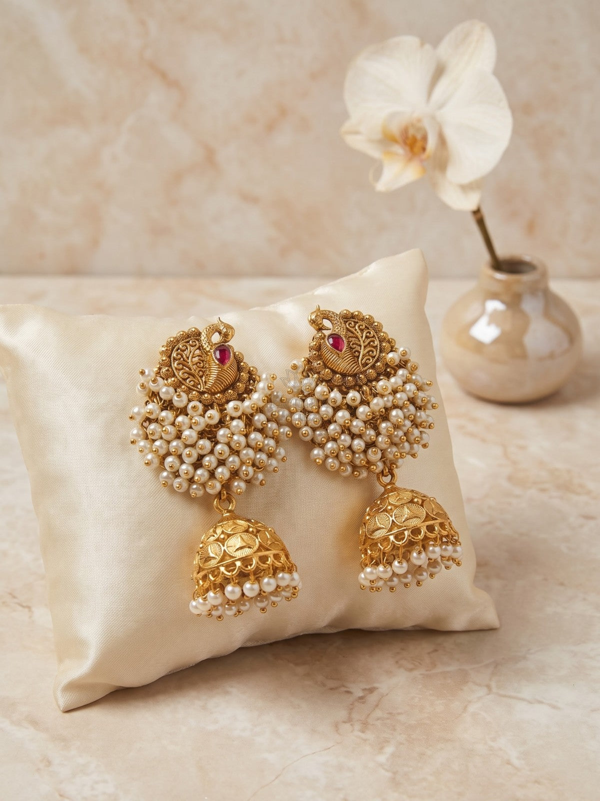 Antique Peacock Clustered Pearl Jhumka Earrings | Traditional Temple Style Earrings