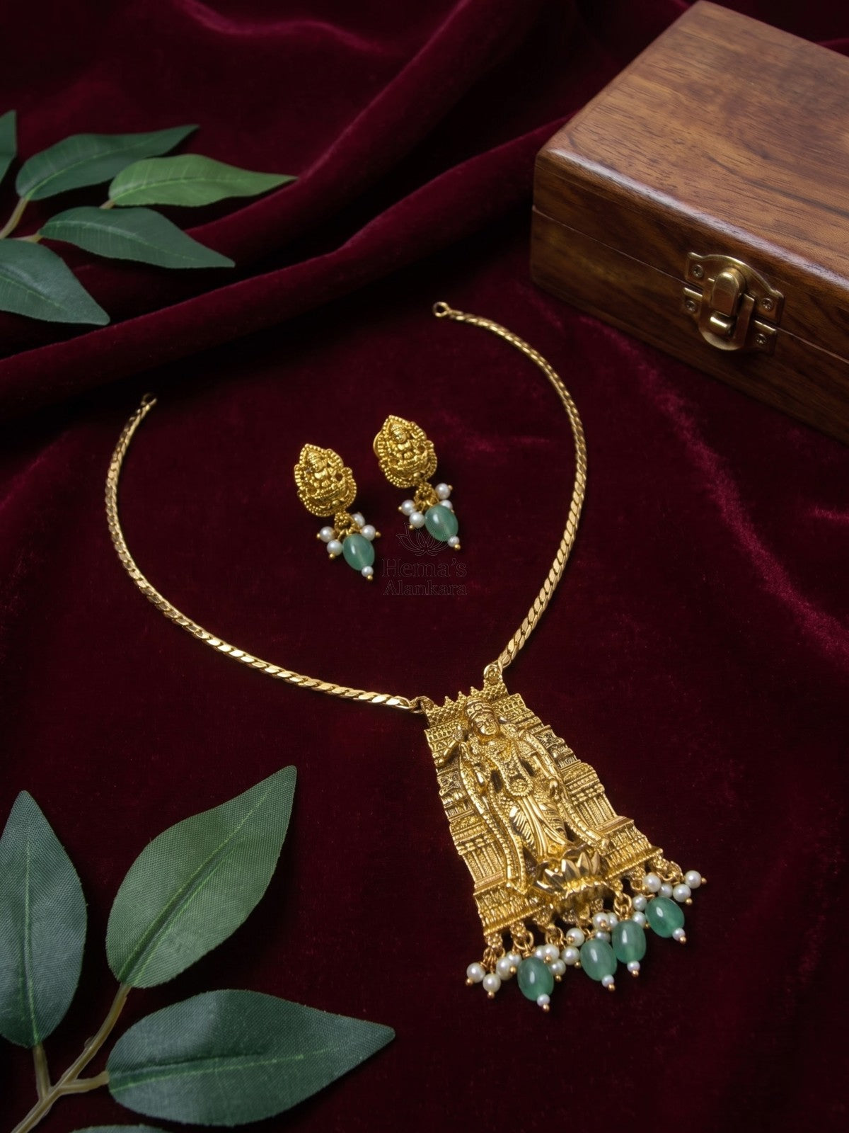 Antique Gold Lakshmi Gopuram Pendant Set with Green Bead & Pearl Drops | Temple Jewellery