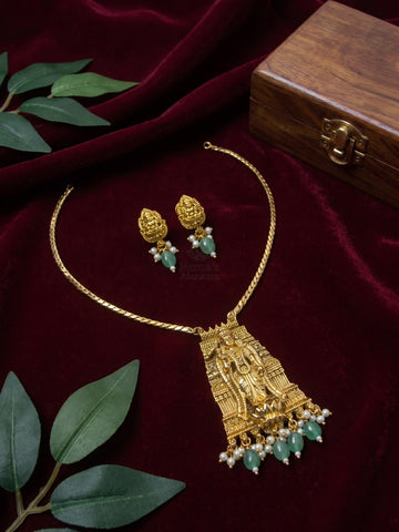 Antique Gold Lakshmi Gopuram Pendant Set with Green Bead & Pearl Drops | Temple Jewellery