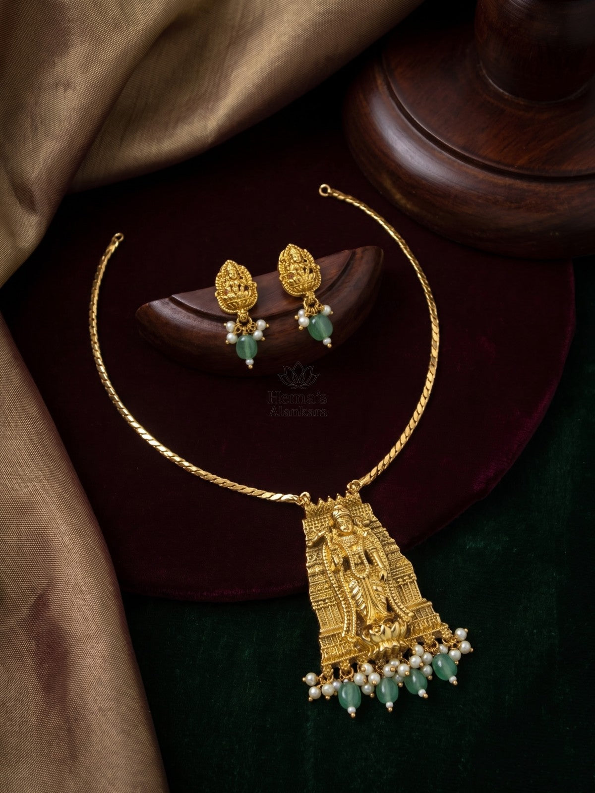Antique Gold Lakshmi Gopuram Pendant Set with Green Bead & Pearl Drops | Temple Jewellery