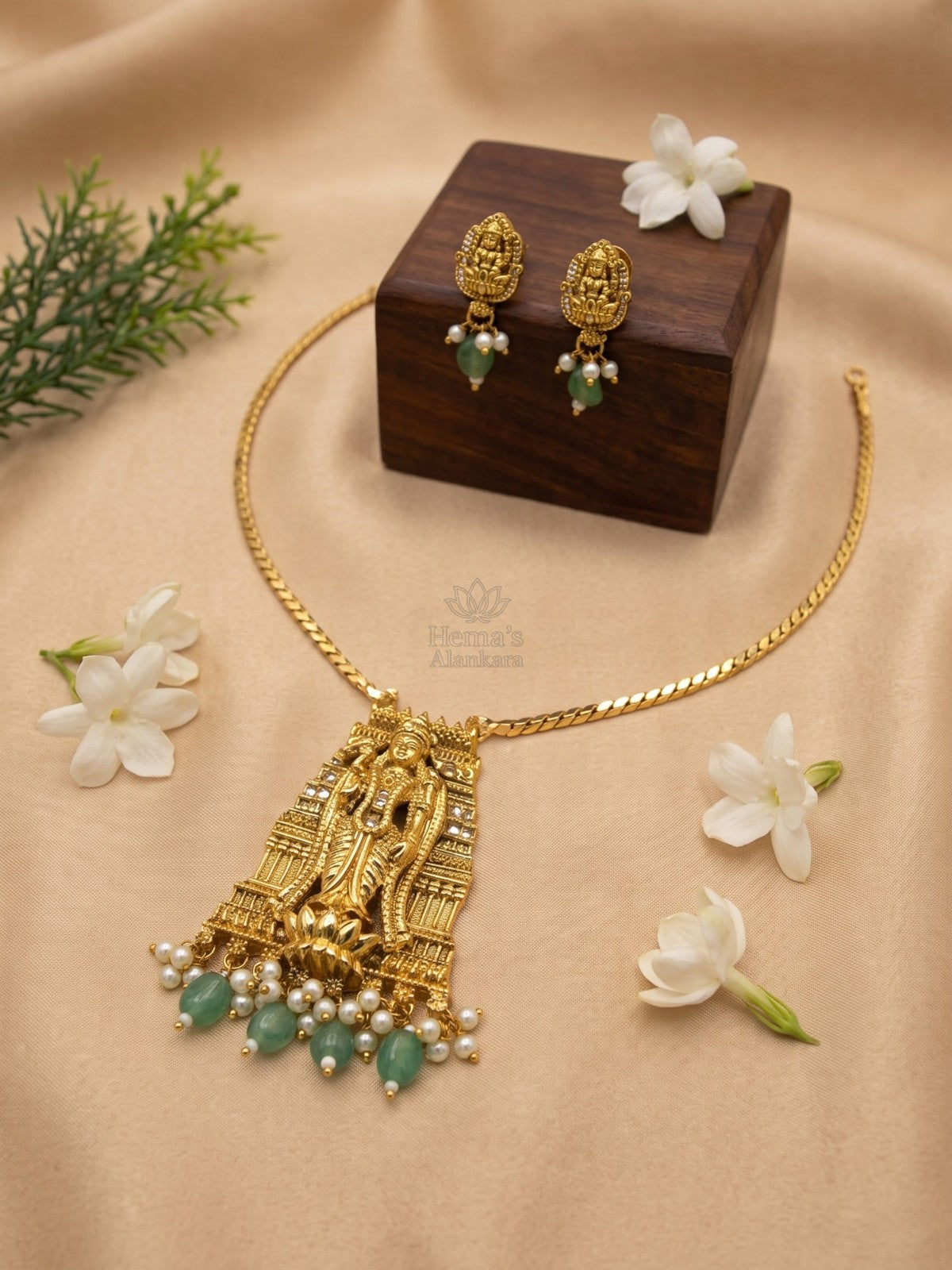 Antique Gold Lakshmi Gopuram Pendant Set with Green Bead & Pearl Drops | Temple Jewellery