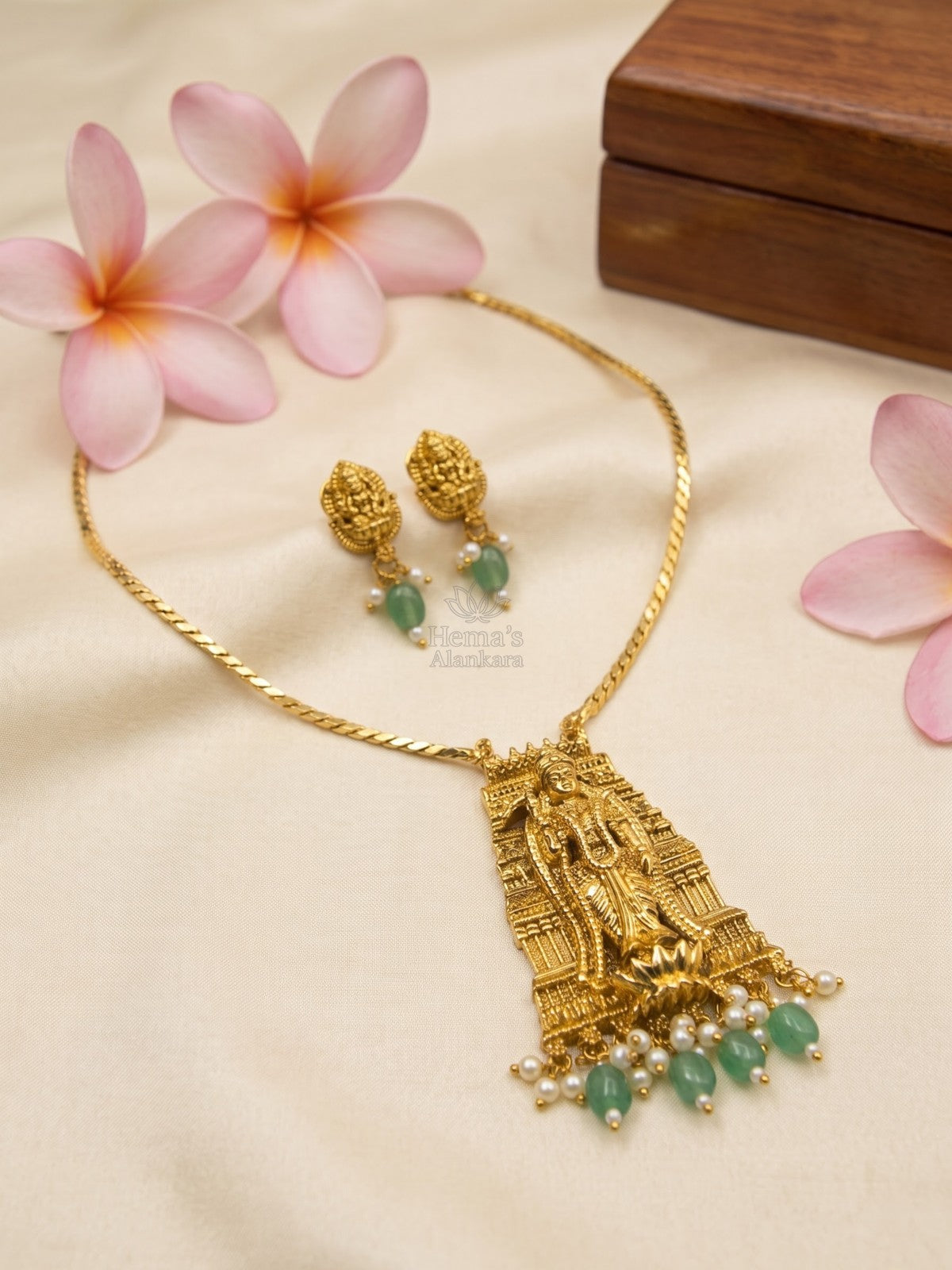 Antique Gold Lakshmi Gopuram Pendant Set with Green Bead & Pearl Drops | Temple Jewellery