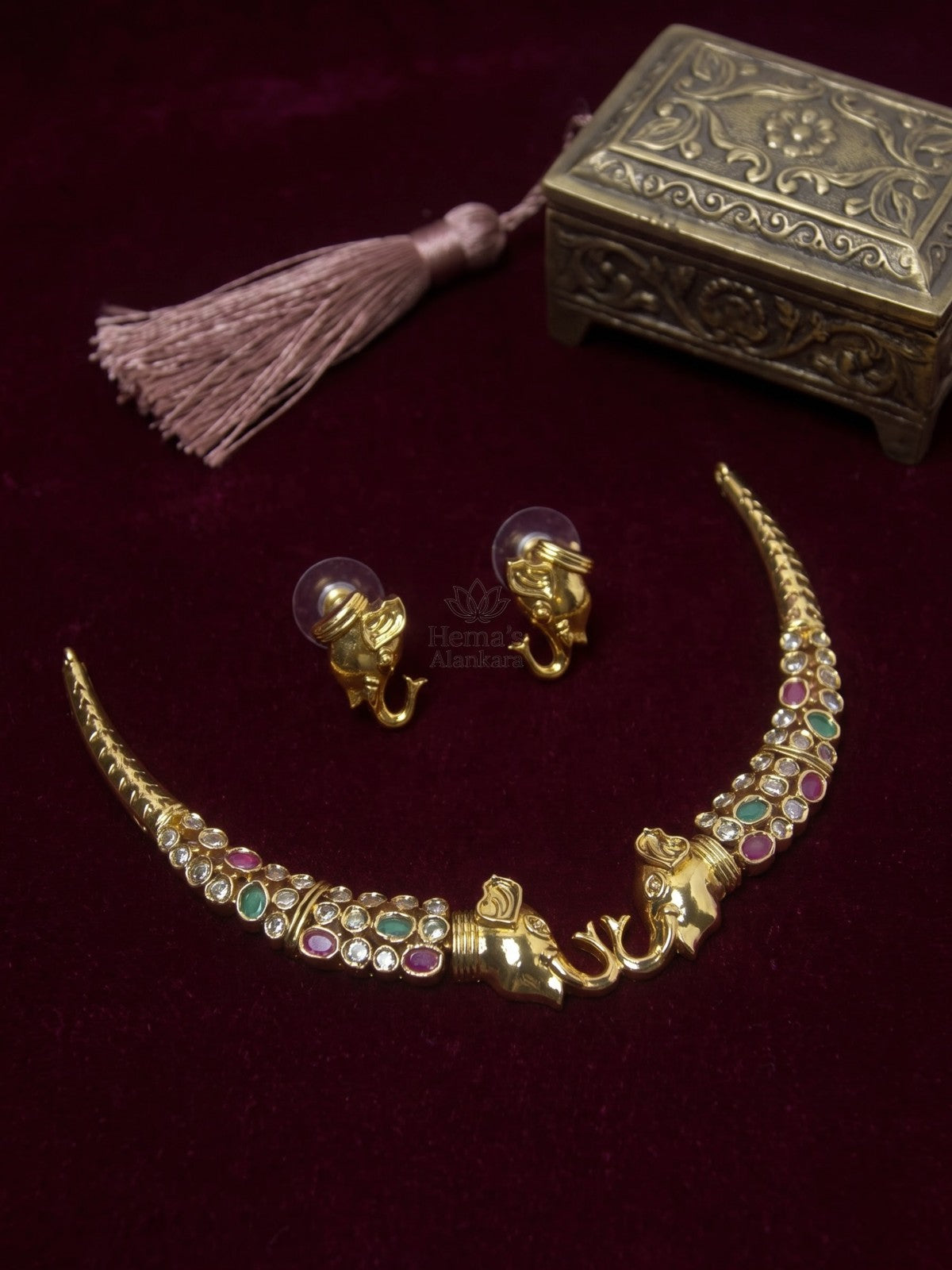 Twin Gaja Ruby Emerald Kemp Necklace Set with Matching Elephant Earrings| Temple Jewellery