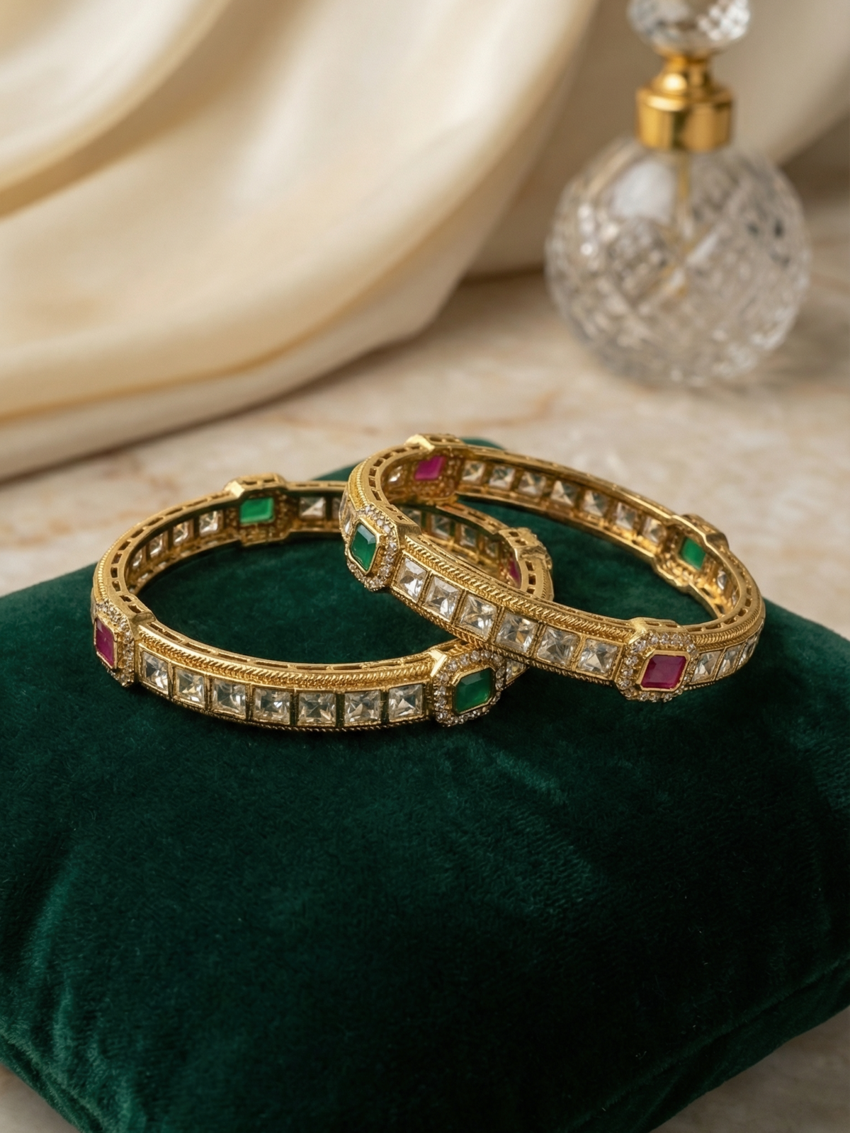 Royal Pink & Green CZ Stone Kundan Bangles
